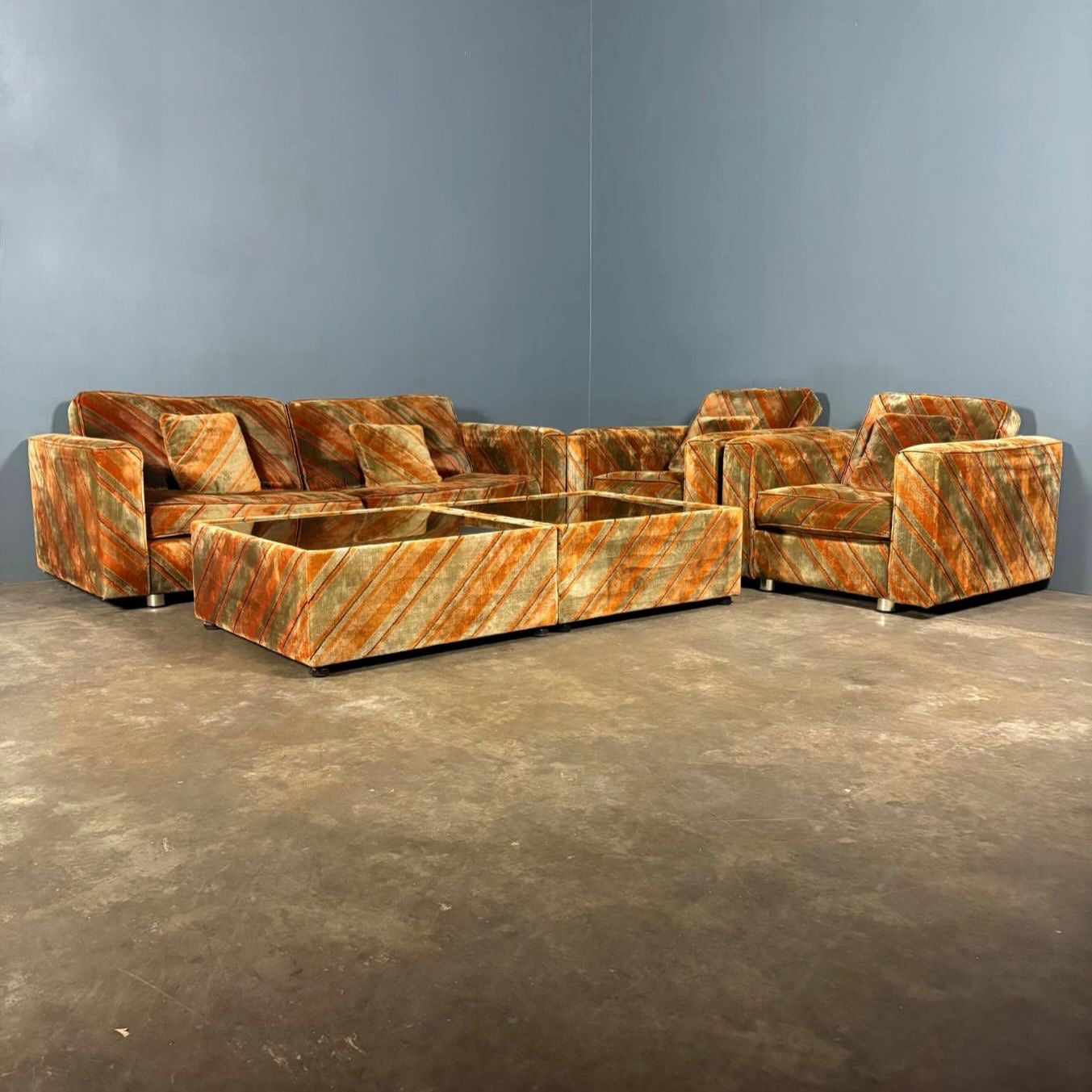 Mid Century Everest Orange Striped Geometric Lounge Suite Three Seater Sofa, Armchairs & Coffee Tables Vintage Retro MCM
