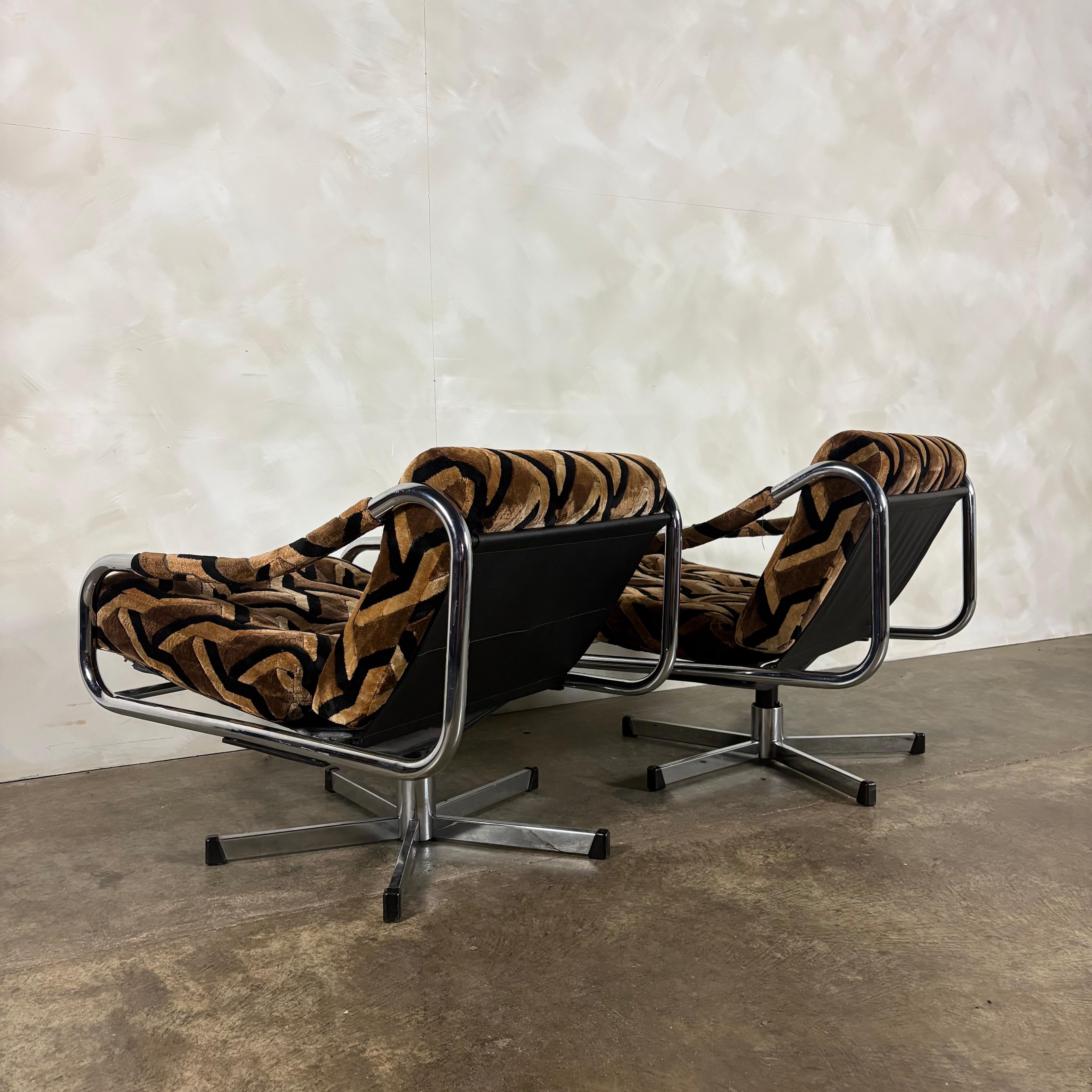 Pair Of Pieff Beta Swivel Lounge Chairs Geometric Fabric Footstool Mid Century Vintage Retro MCM