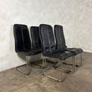 Five Black Leather Cantilever Chrome Dining Chairs Mid Century Vintage Retro MCM