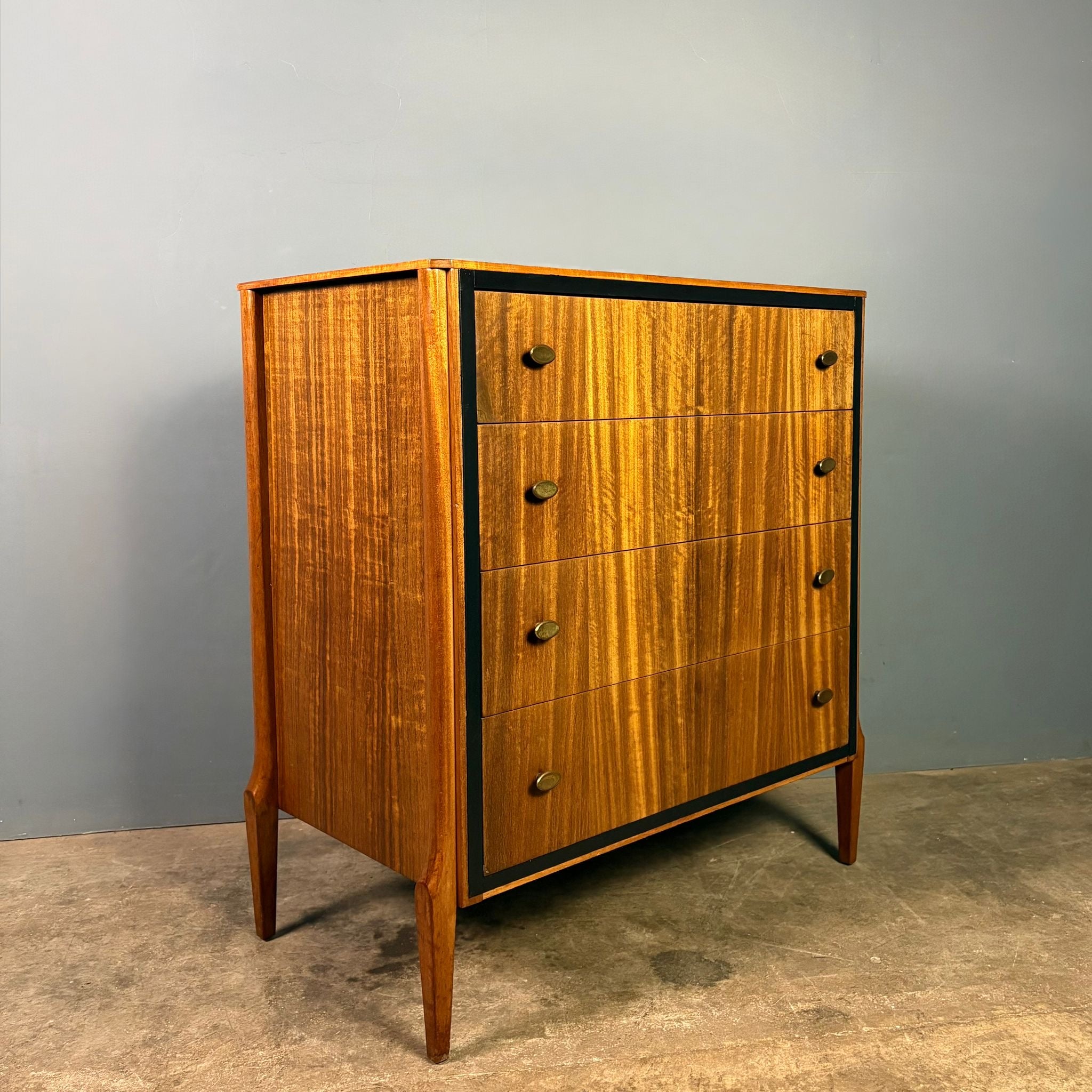 Mid Century Teak & Black Chest Of Drawers/Tall Boy Vintage Retro MCM