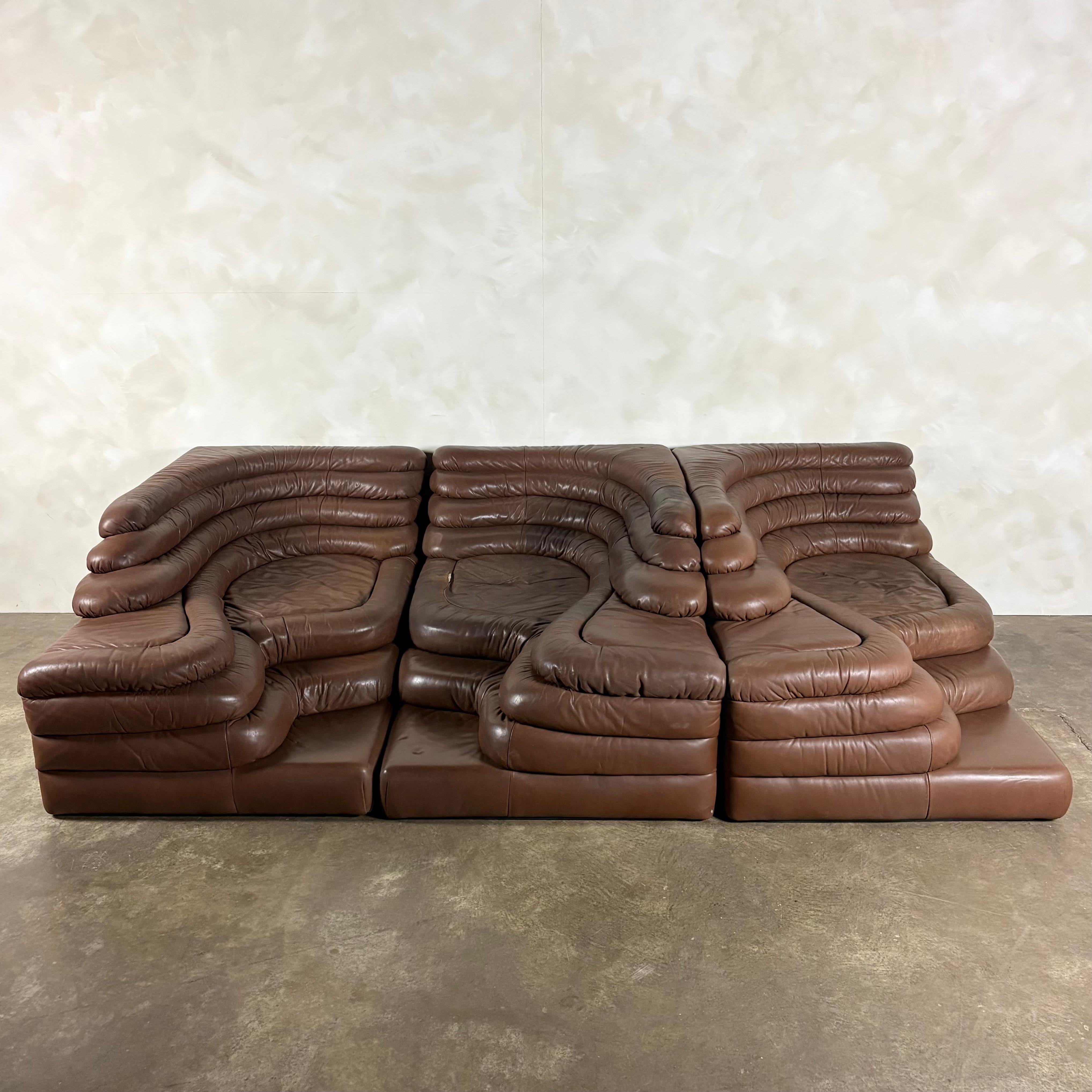 Three De Sede DS-1025 Terrazza Brown Leather Modular Sofas Mid Century Vintage Retro MCM