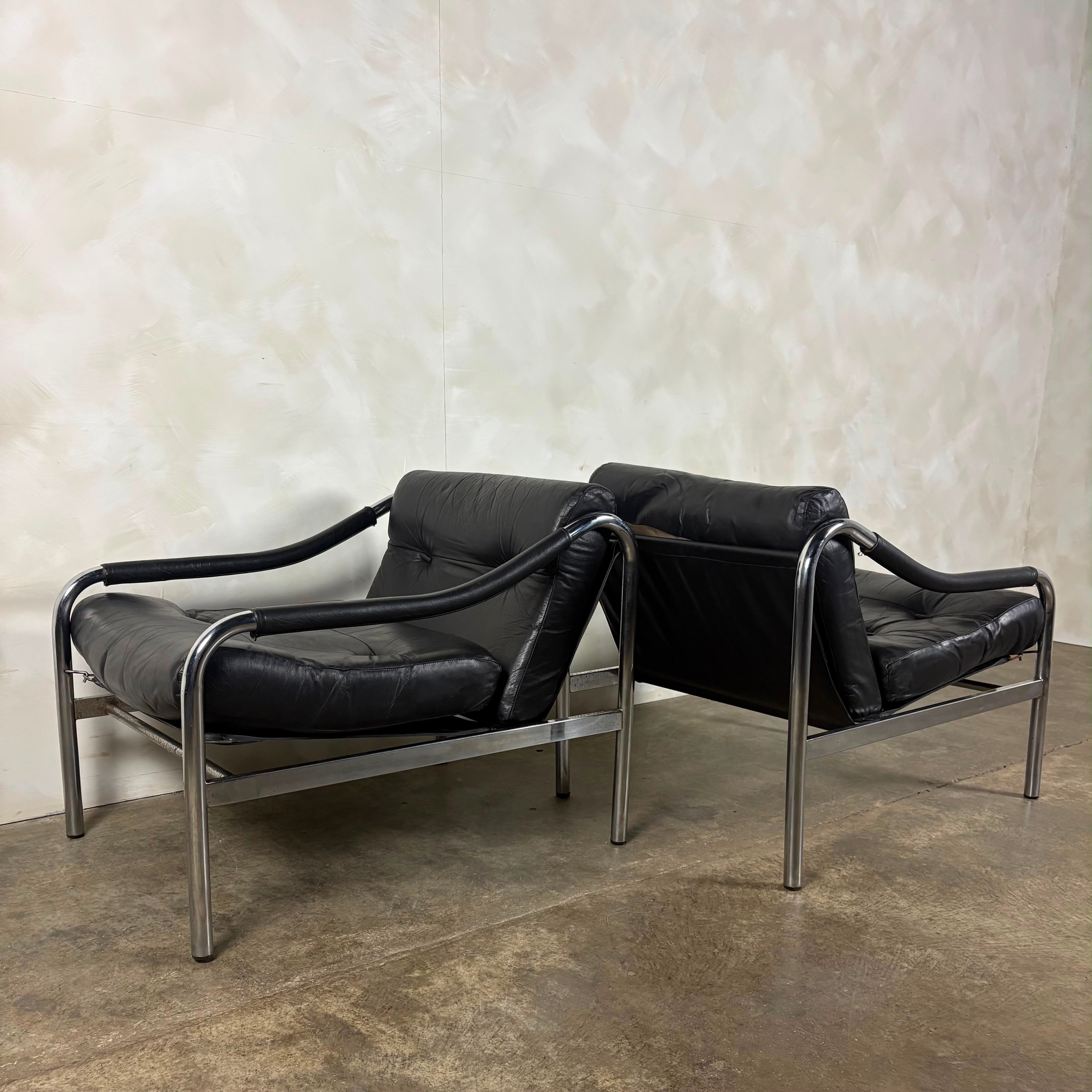 Pair Of Pieff Beta Lounge Chairs In Black Leather Mid Century Vintage Retro MCM