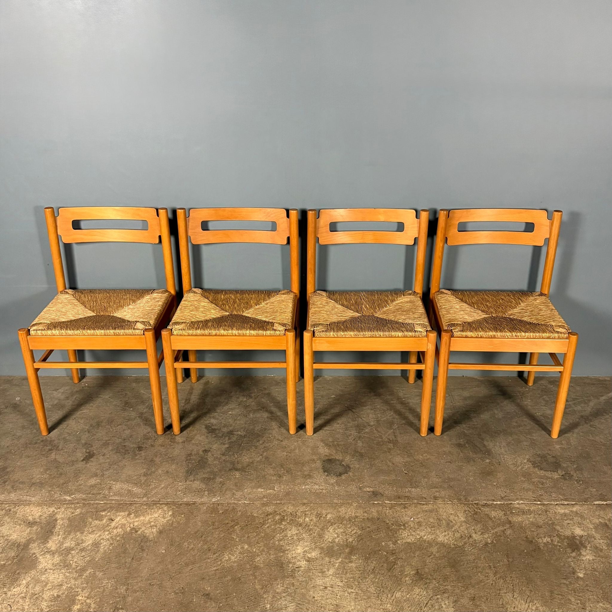 Set Of Four Rush Papercord Seat Dining Chairs Vico Magistretti Carimate Style Mid Century Vintage Retro MCM