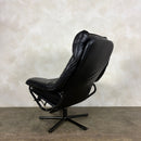 Black Leather Skoghaug Reclining Swivel Lounge Chair With Matching Footstool/Ottoman Mid Century Vintage Retro MCM