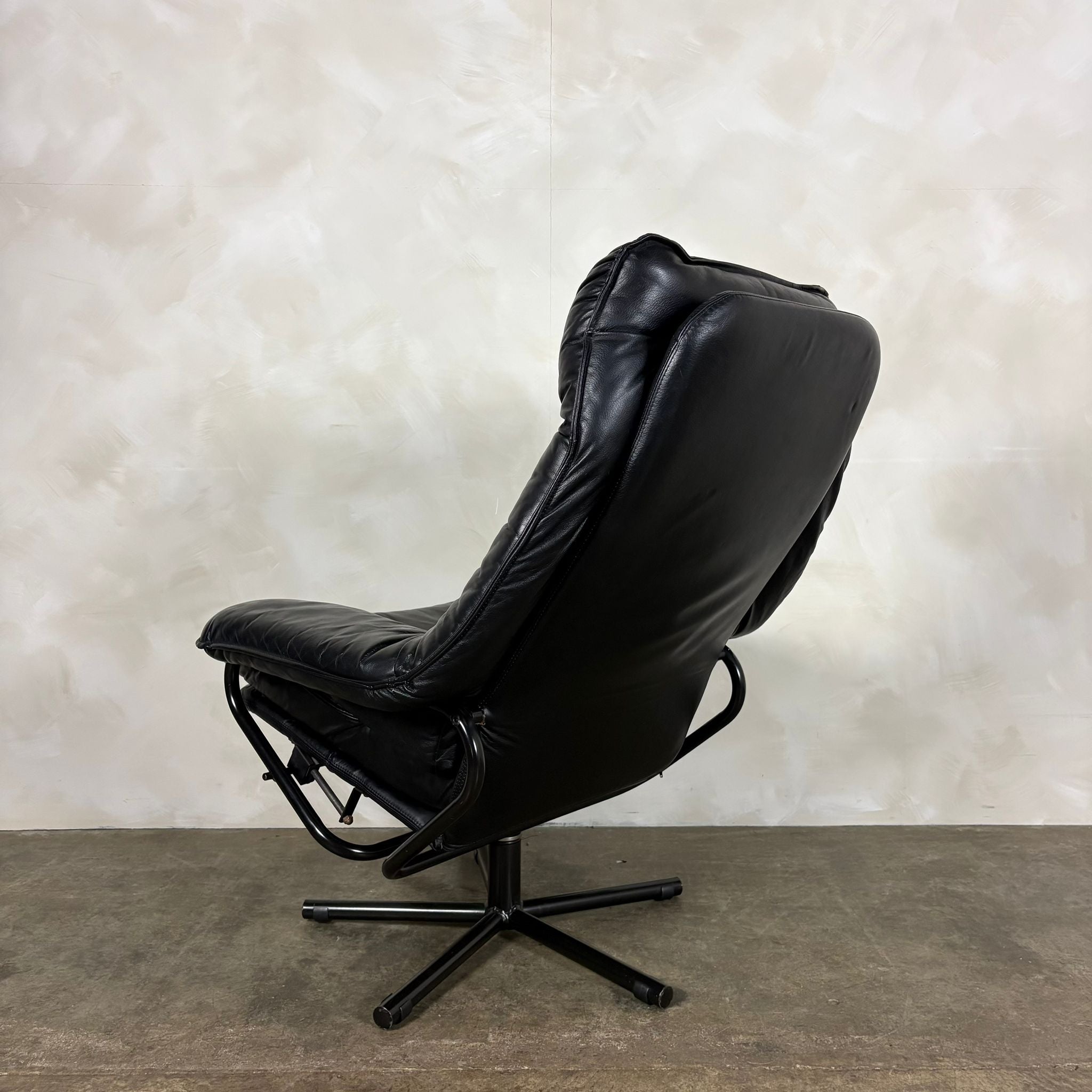 Black Leather Skoghaug Reclining Swivel Lounge Chair With Matching Footstool/Ottoman Mid Century Vintage Retro MCM