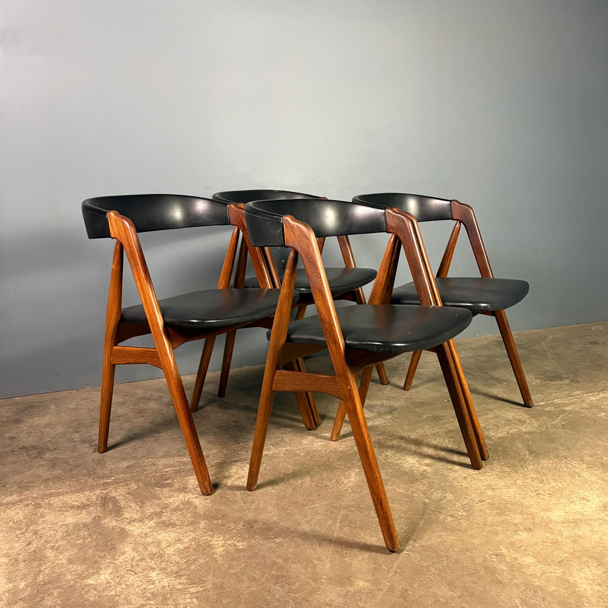 SOLD Four Teak Dining Chairs Kai Kristiansen Model 31 & Thomas Harlev For Farstrup Model 205 Mid Century Vintage Retro MCM