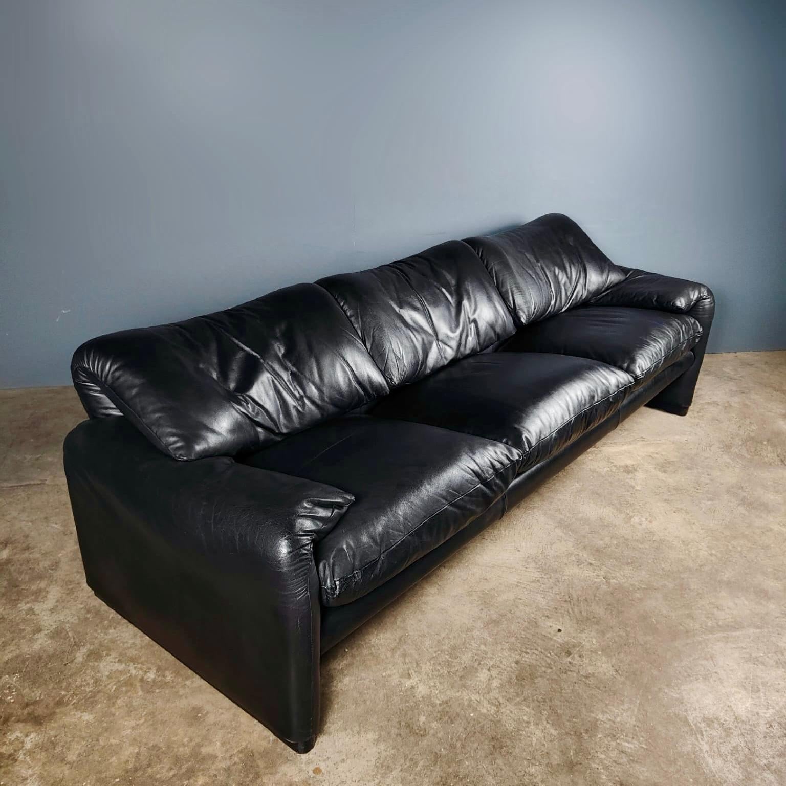 SOLD Maralunga Black Leather Three Seater Sofa Vico Magistretti Cassina Mid Century Vintage Retro MCM