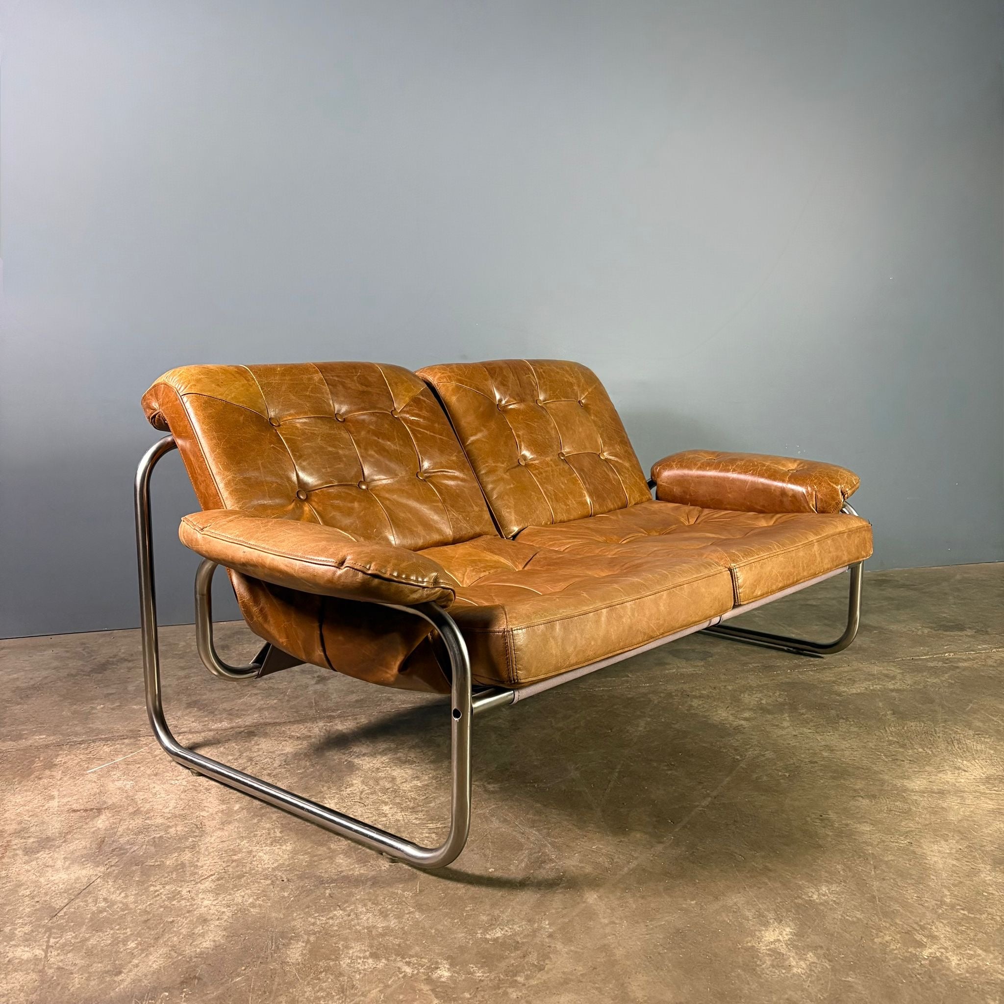 SOLD Two Seater Borkum Sofa By Johan Bertil Häggström Brown Leather Ikea Mid Century Vintage Retro MCM