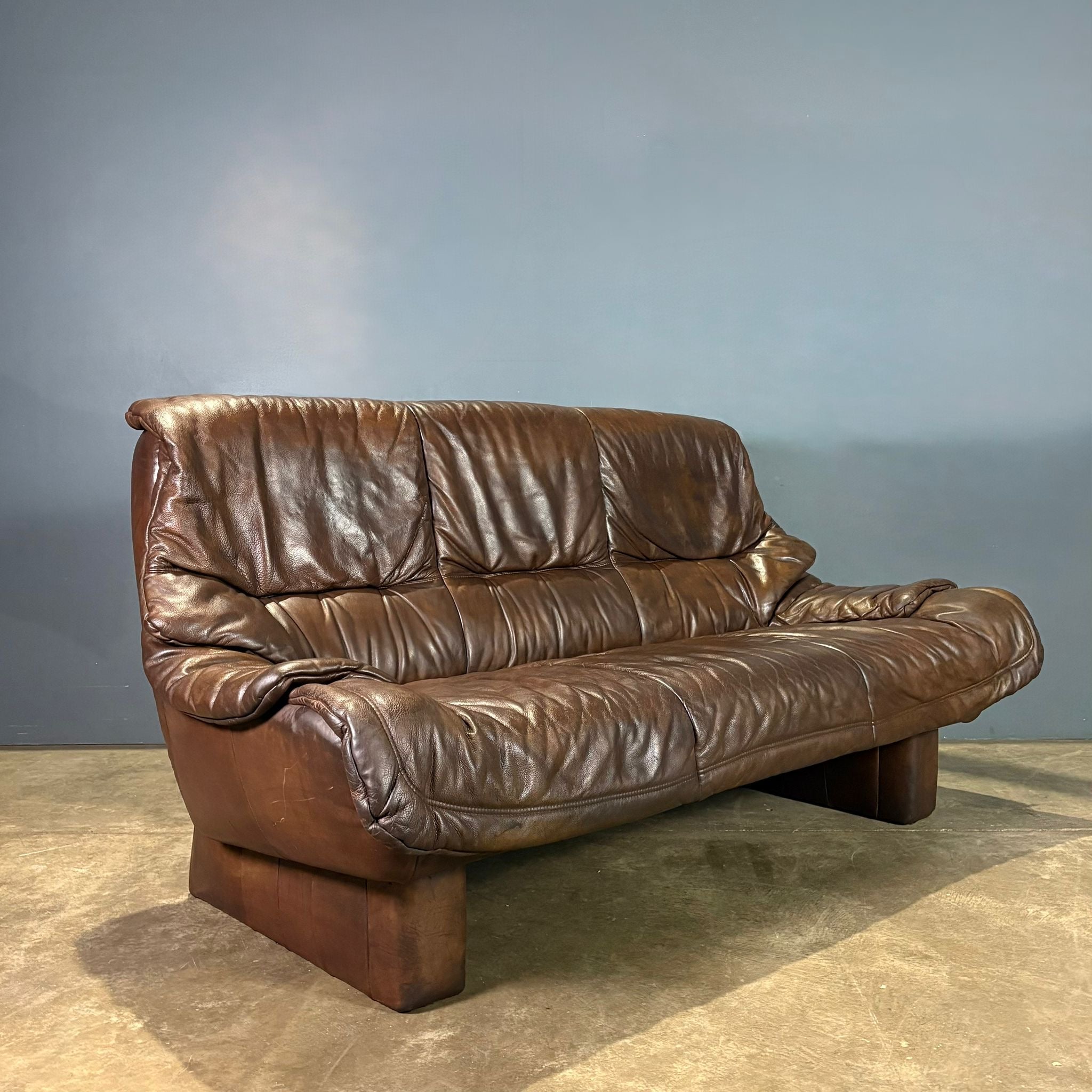 SOLD Brown Leather Brutalist Three Seater Sofa Percival Lafer Style Mid Century Vintage Retro MCM