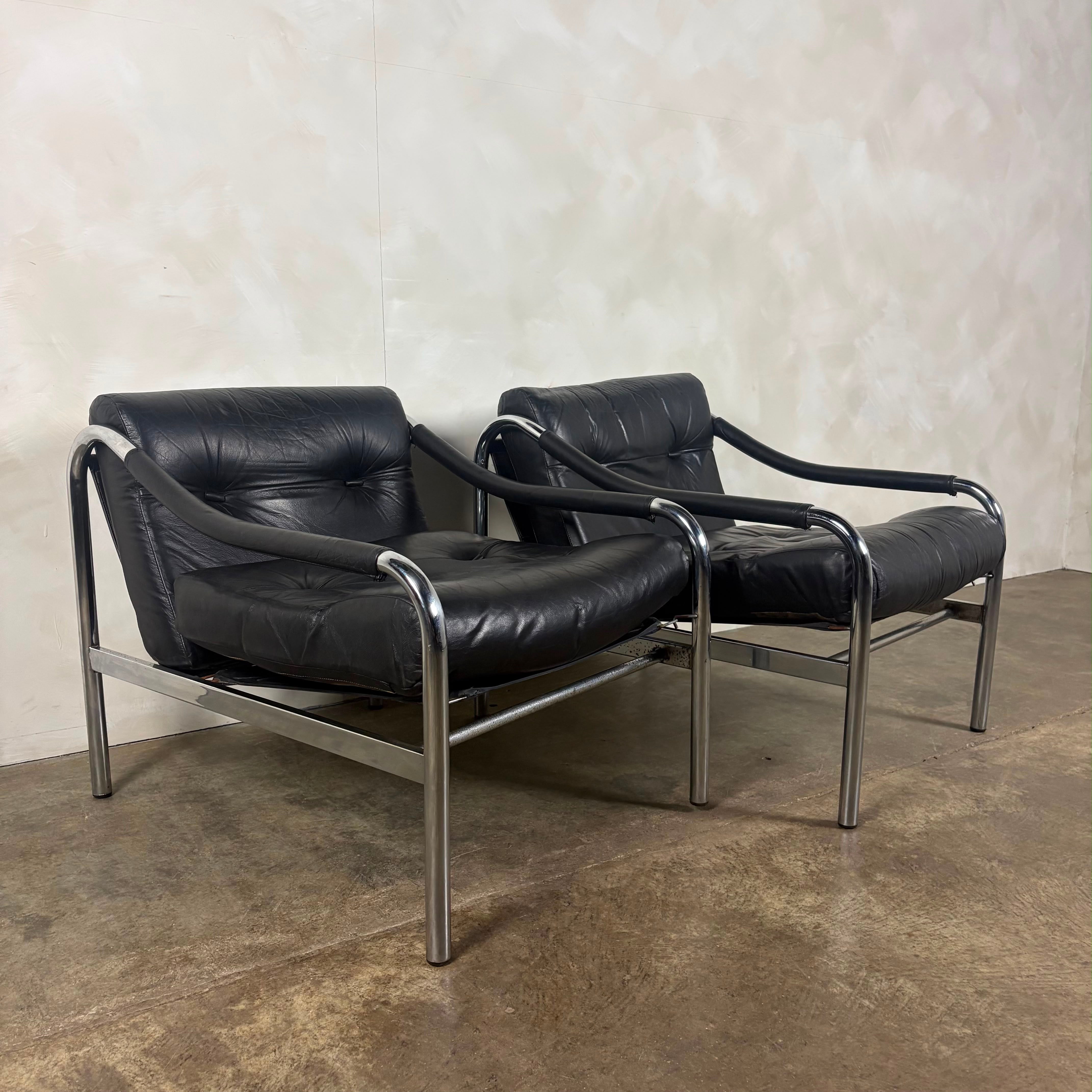 Pair Of Pieff Beta Lounge Chairs In Black Leather Mid Century Vintage Retro MCM