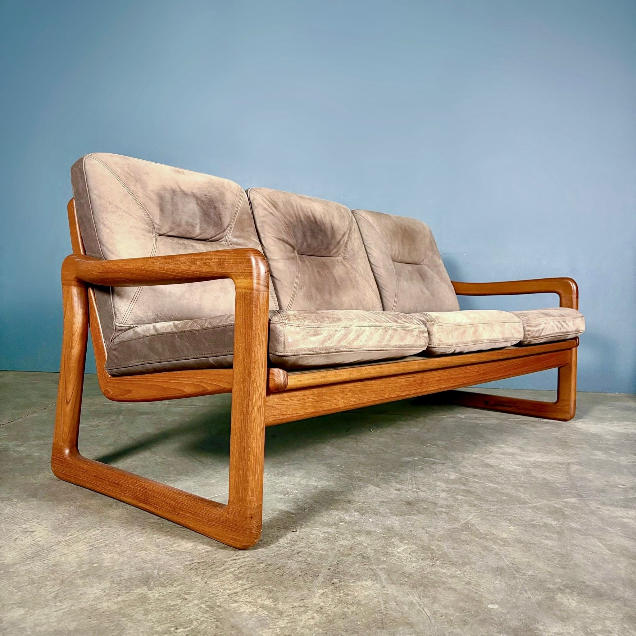 Three Seater Sofa Teak Brown Leather By Poul Jeppesen For Holstebro Møbelfabrik Danish Mid Century Vintage Retro MCM