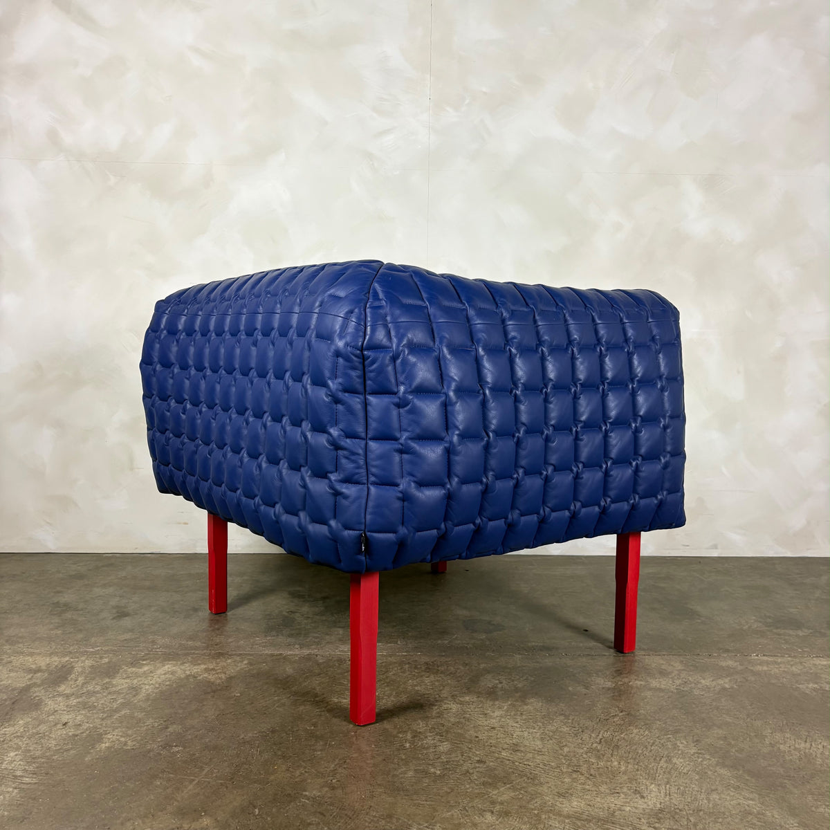 Ligne Roset Ruché Three Seater Sofa & Armchair By Inga Sempé In Blue Leather & Red Frame Vintage Retro