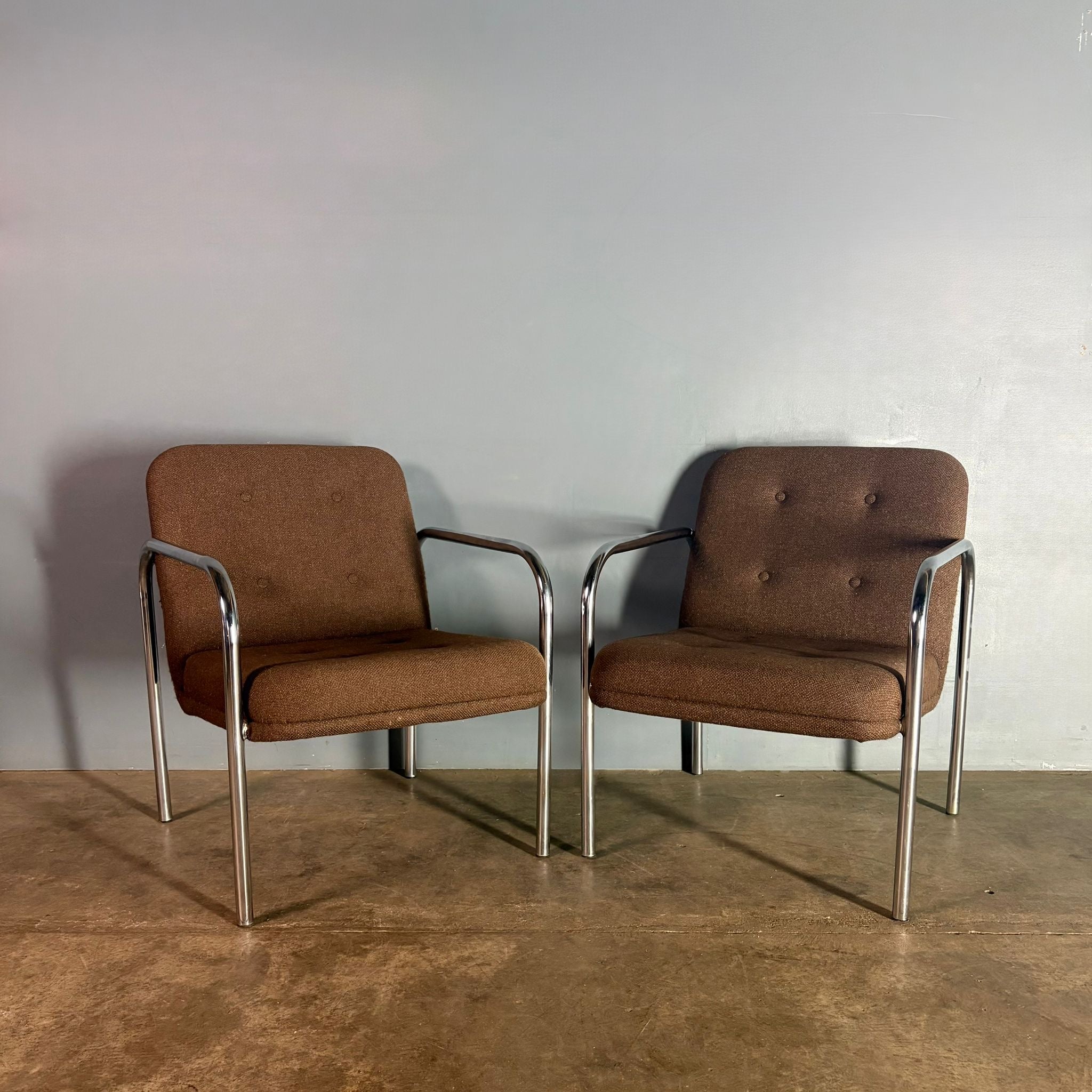 Pair Of Brown Wool Chrome Lounge Chairs Mid Century Vintage Retro MCM