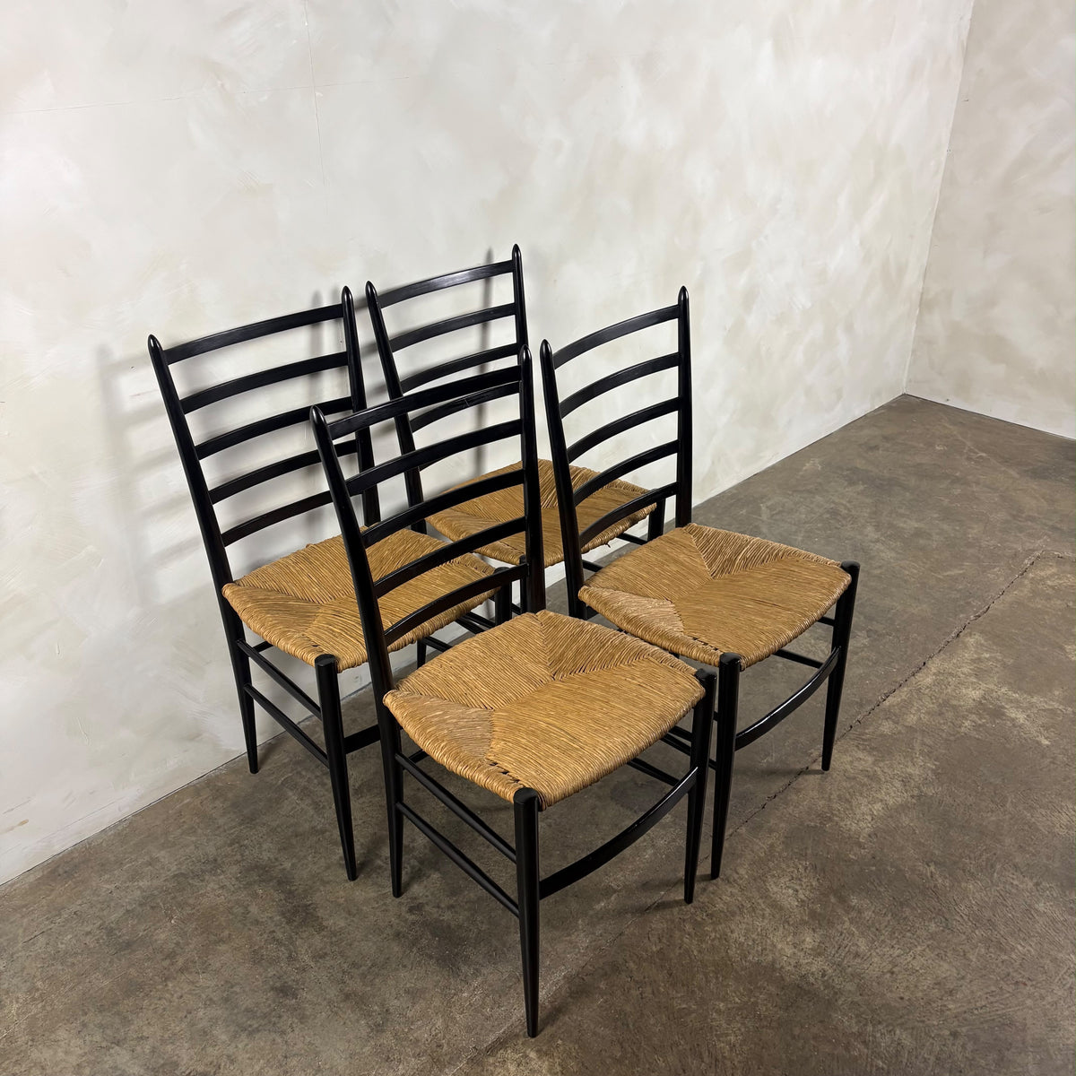Set Of Four Italian Gio Ponti Style Ebonised Black Ladderback Dining Chairs Mid Century Vintage Retro MCM