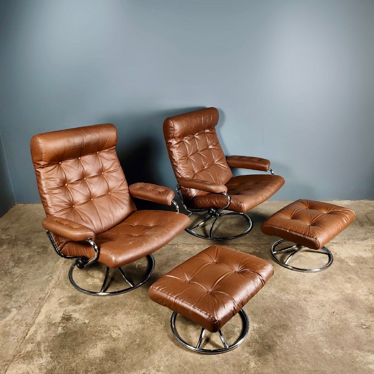 SOLD Pair Of Mid Century Brown Leather Chrome Ekornes Stressless Armchairs Footstools Vintage Retro