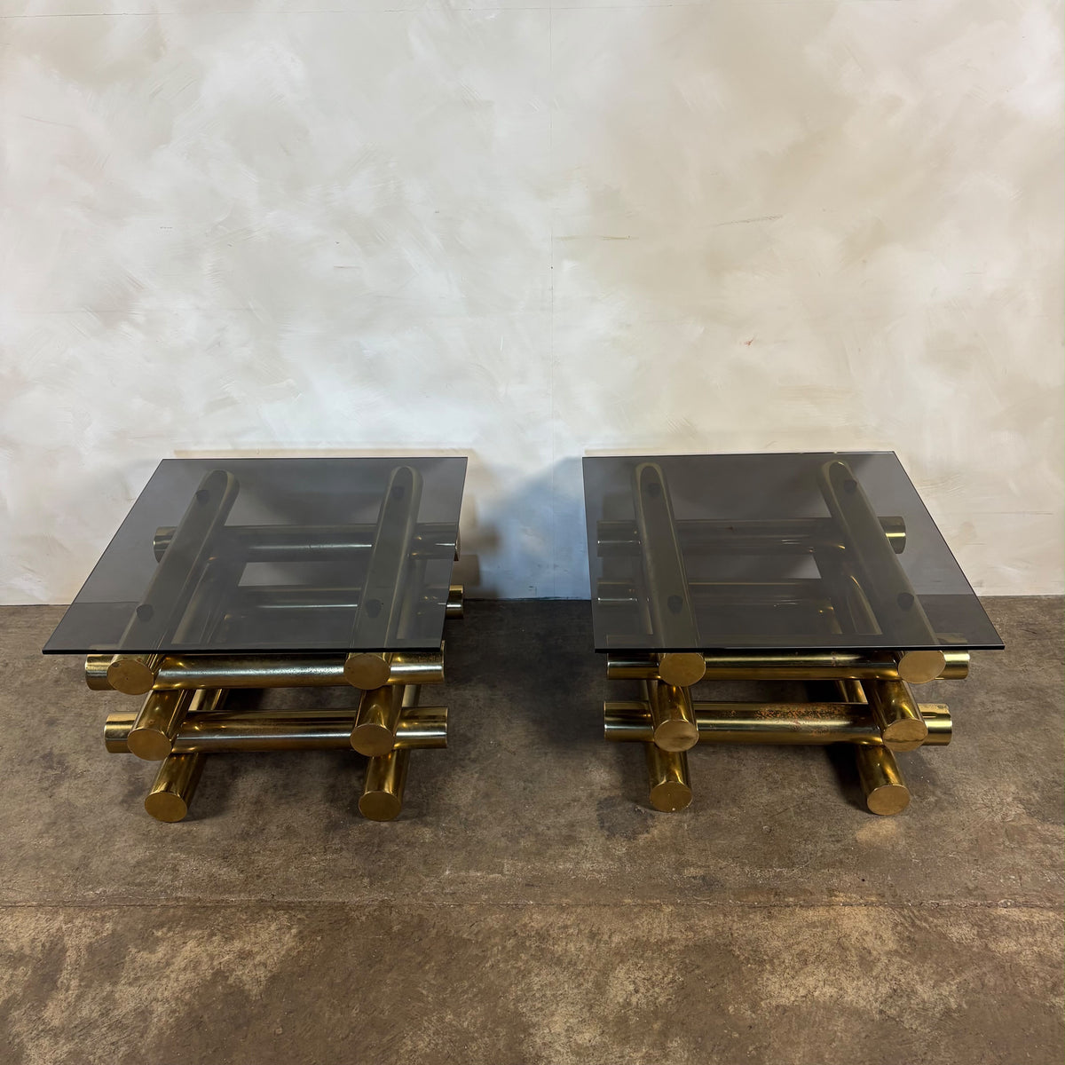 Pair Of Pieff Brass & Smoked Glass Side/Coffee Tables 1970s Mid Century Vintage Retro MCM