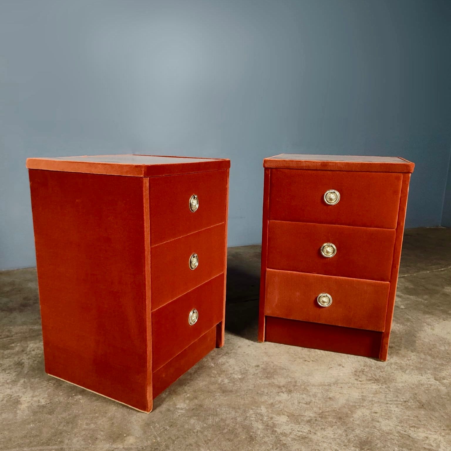 Mid Century Vintage Rusty Blood Orange Velvet Bedside Tables With Glass Tops Retro MCM