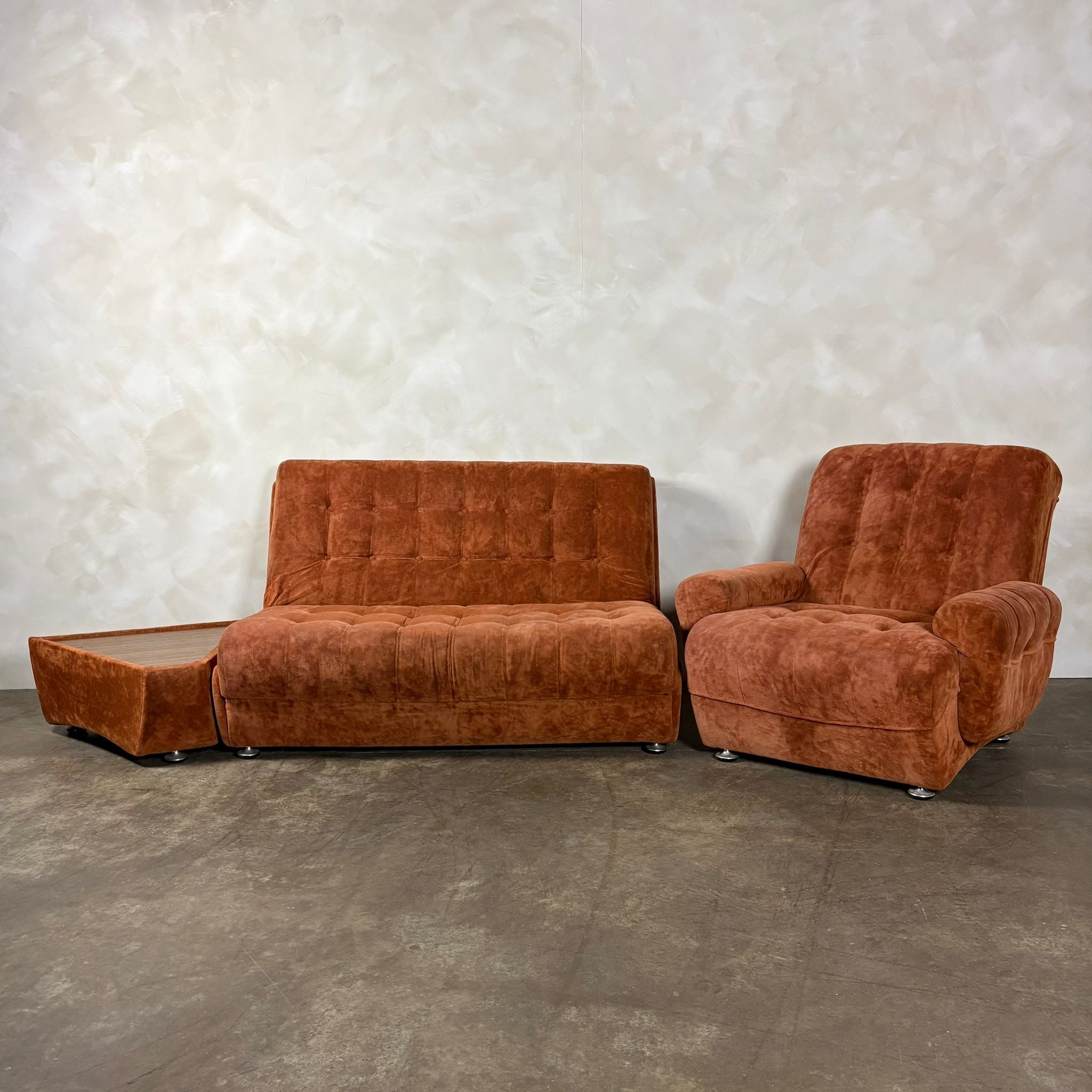 SOLD Mid Century Modular Brown Two Seater Sofa Bed & Armchair With Coffee Table Vintage Retro MCM