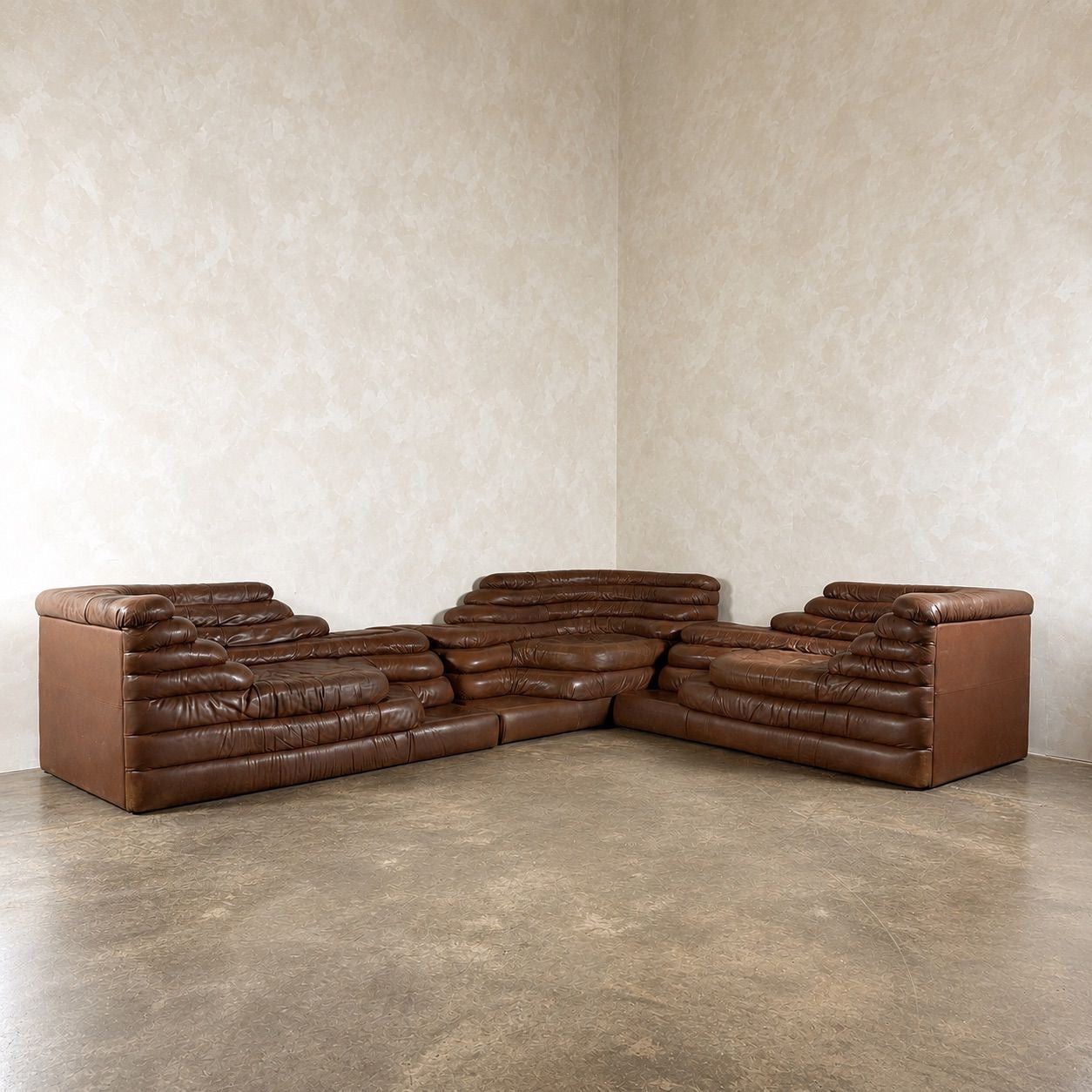 Three De Sede DS-1025 Terrazza Brown Leather Modular Sofas Mid Century Vintage Retro MCM