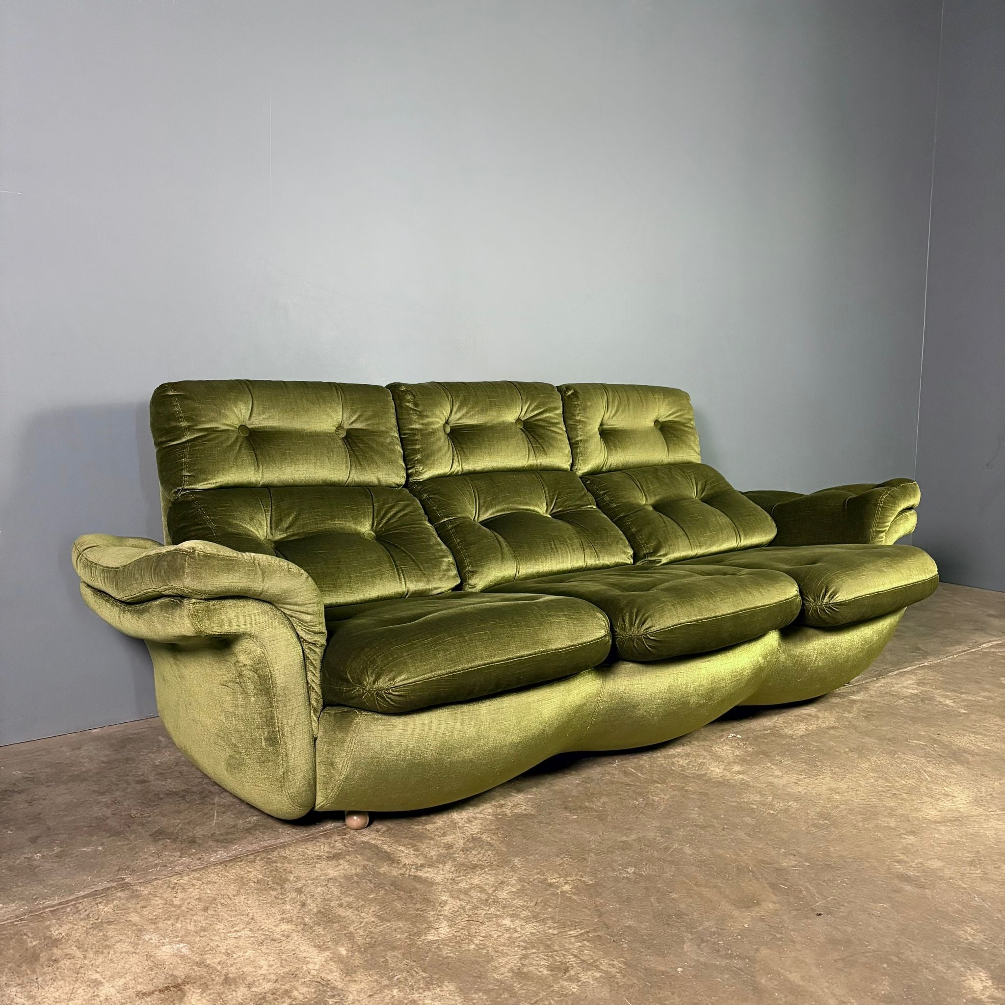 Mid Century Three Seater Sofa Green Velvet Vintage Retro MCM