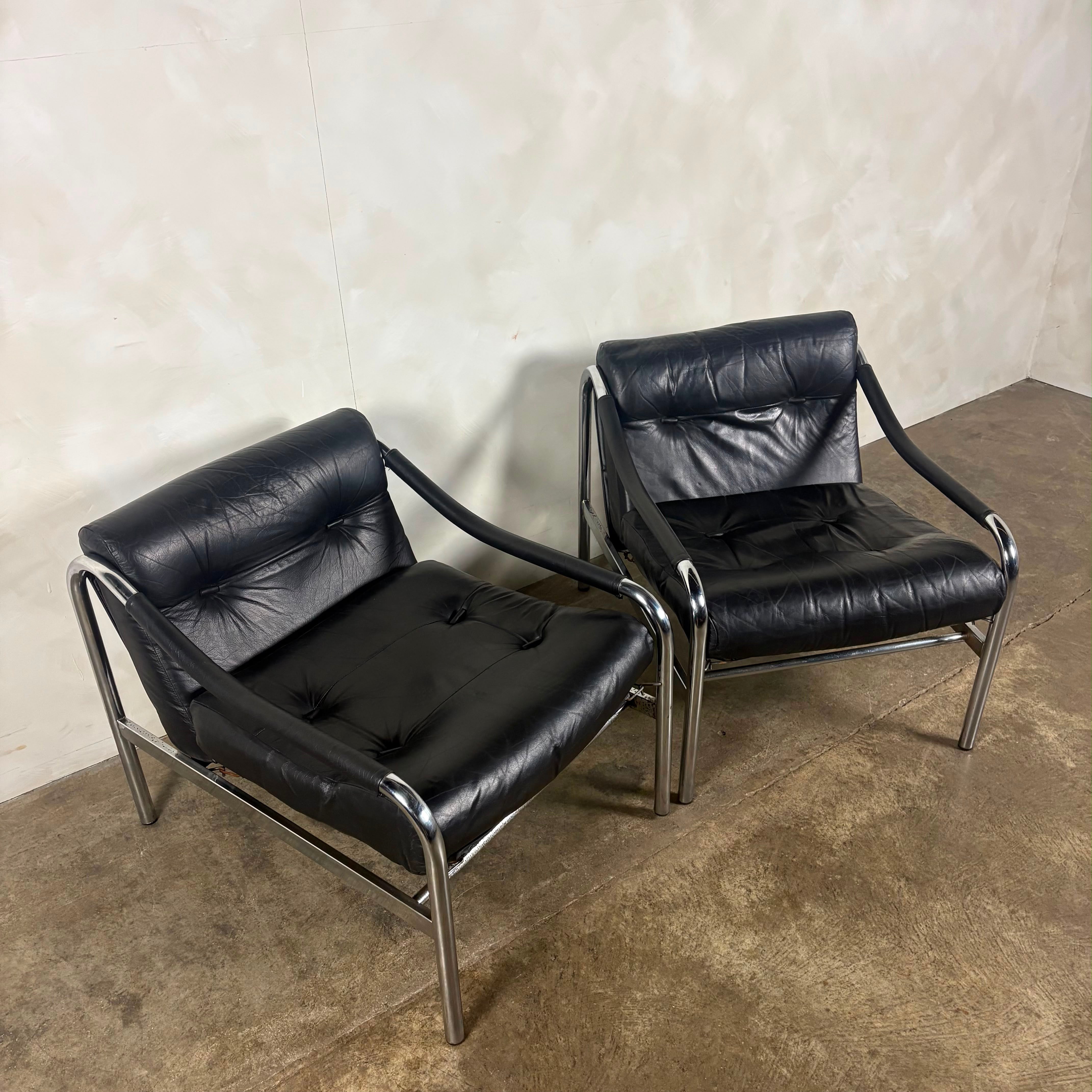 Pair Of Pieff Beta Lounge Chairs In Black Leather Mid Century Vintage Retro MCM