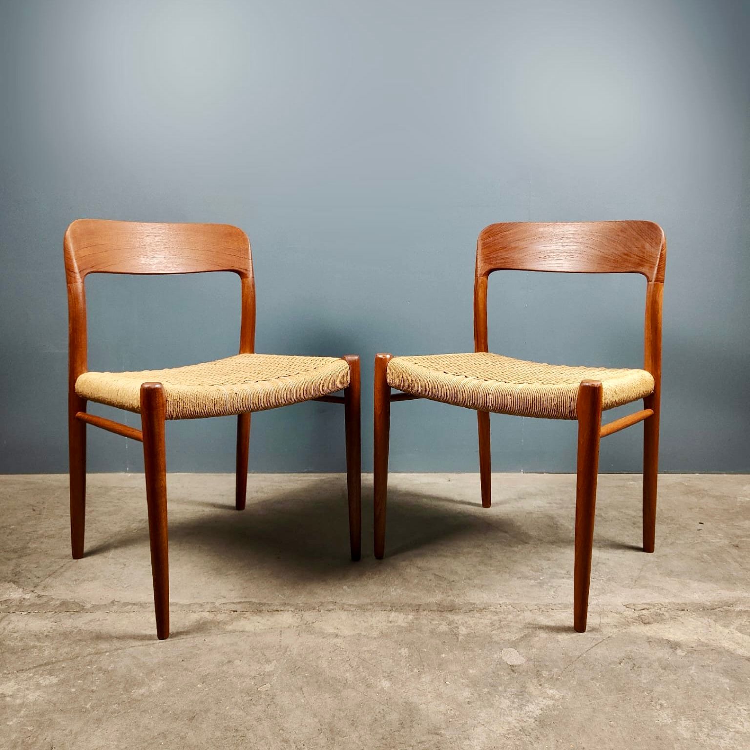 SOLD Pair Of Danish Model 75 Paper Cord Dining Chairs Niels Otto Møller JL Møllers Møbelfabrik Mid Century Vintage Retro MCM