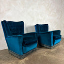 Mid Century Pair Of His & Her Blue Armchairs Vintage Retro MCM