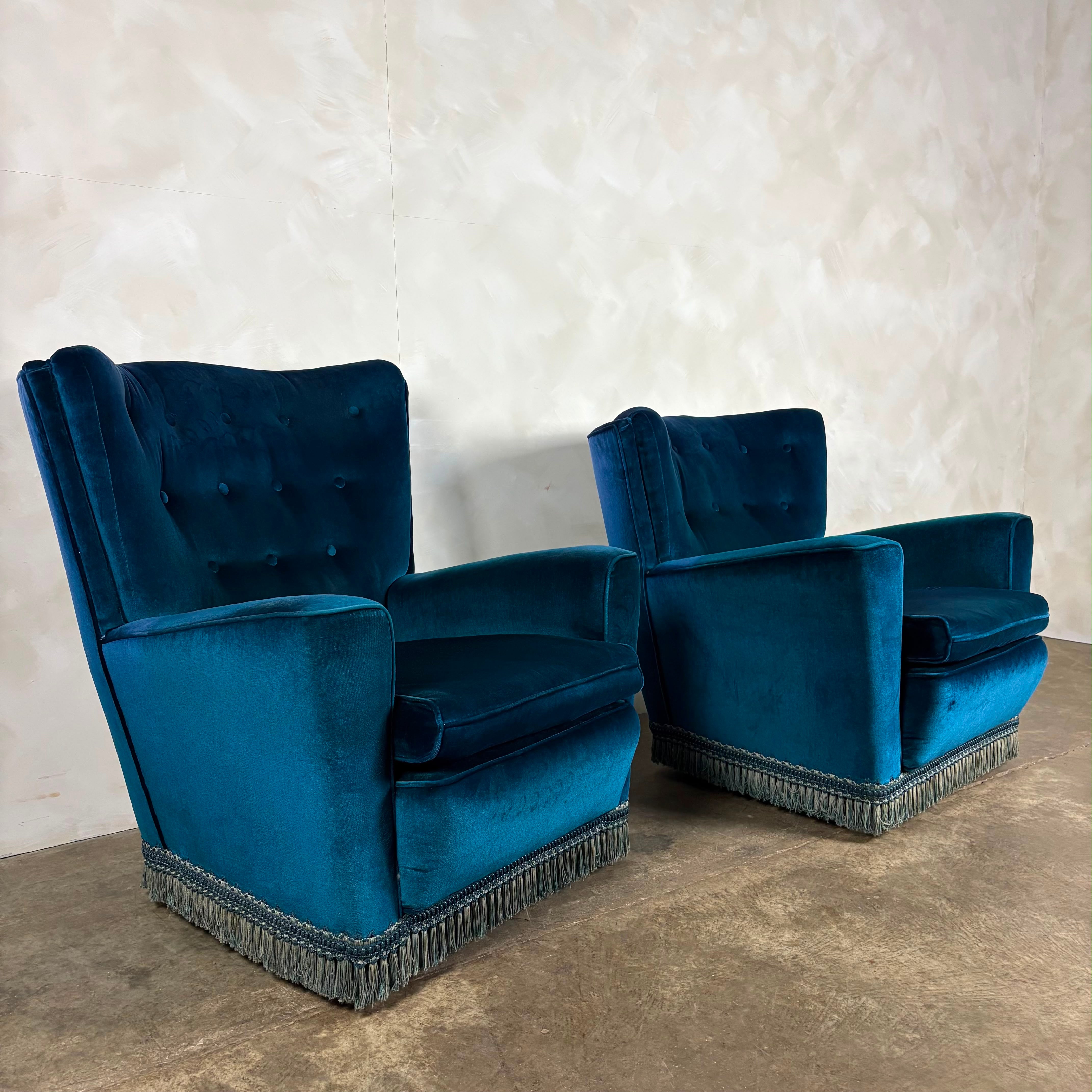 Mid Century Pair Of His & Her Blue Armchairs Vintage Retro MCM