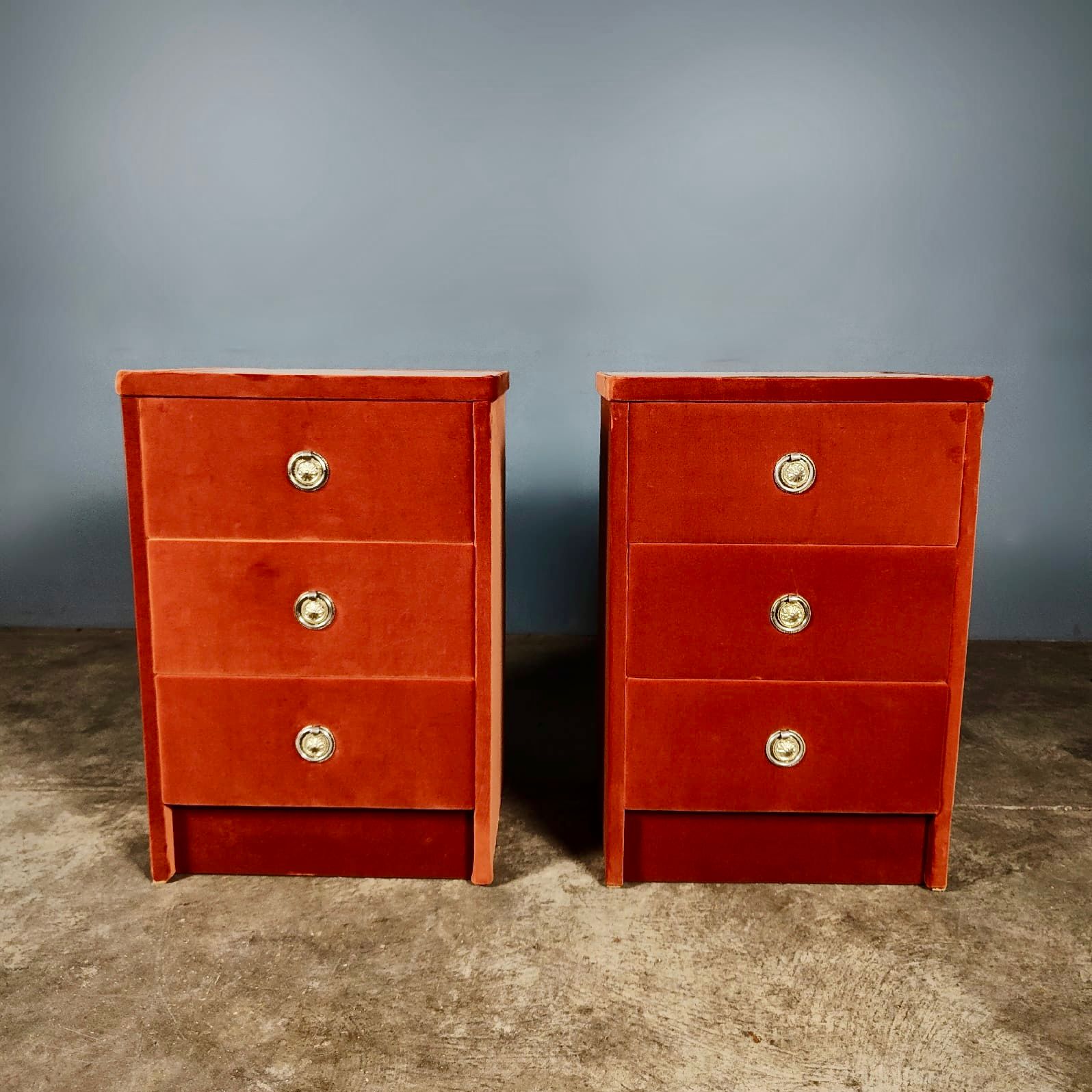 Mid Century Vintage Rusty Blood Orange Velvet Bedside Tables With Glass Tops Retro MCM