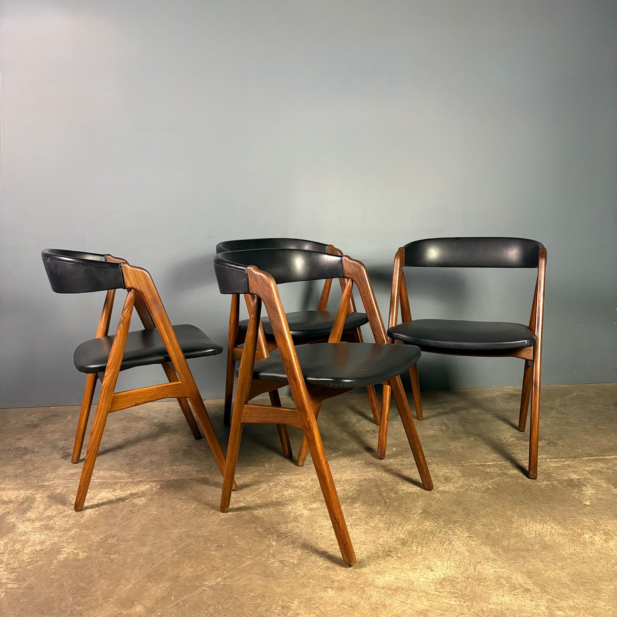 SOLD Four Teak Dining Chairs Kai Kristiansen Model 31 & Thomas Harlev For Farstrup Model 205 Mid Century Vintage Retro MCM