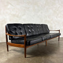 Four Seater Black Leather Teak Sofa Danish Scandinavian Mid Century Vintage Retro MCM
