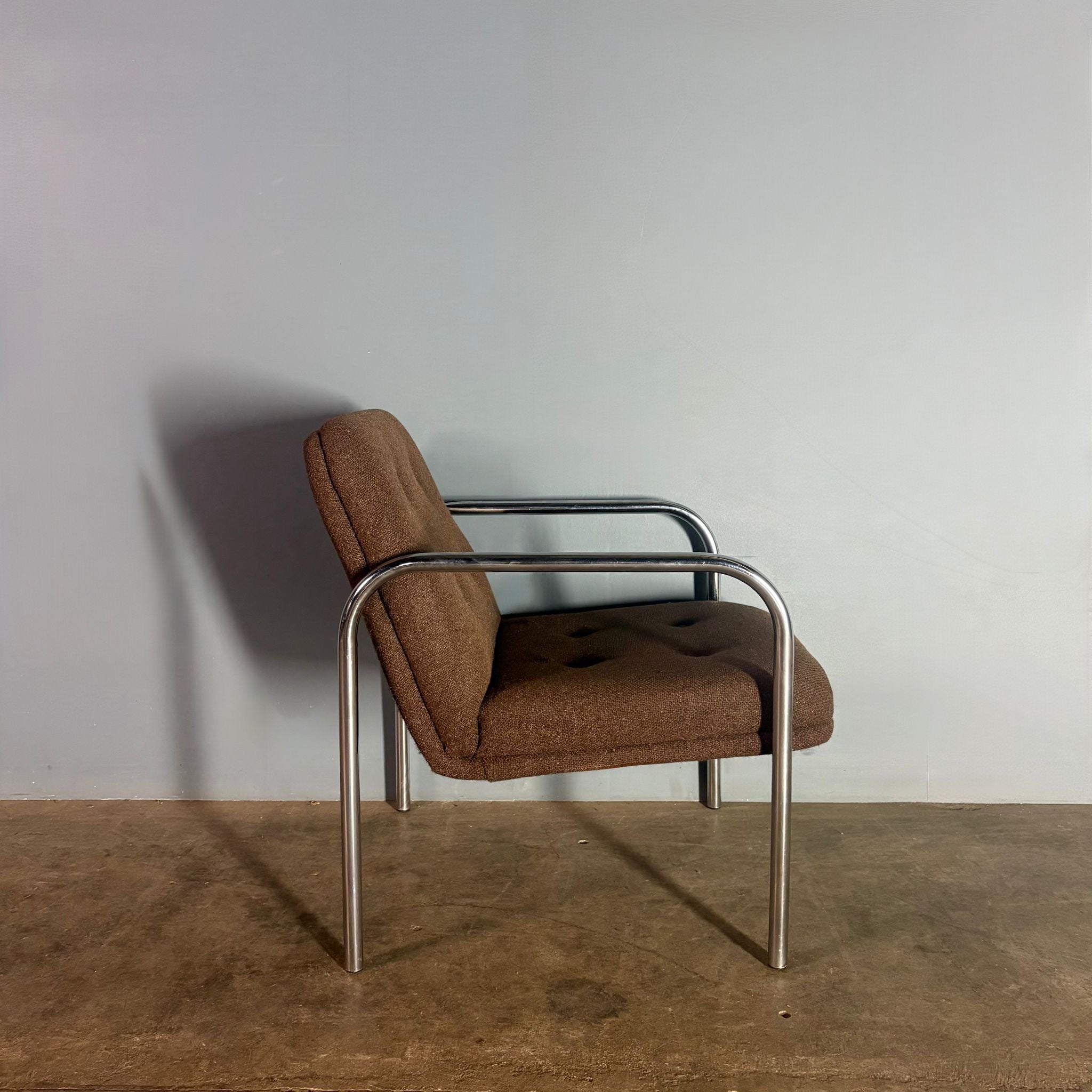SOLD Pair Of Brown Wool Chrome Lounge Chairs Mid Century Vintage Retro MCM
