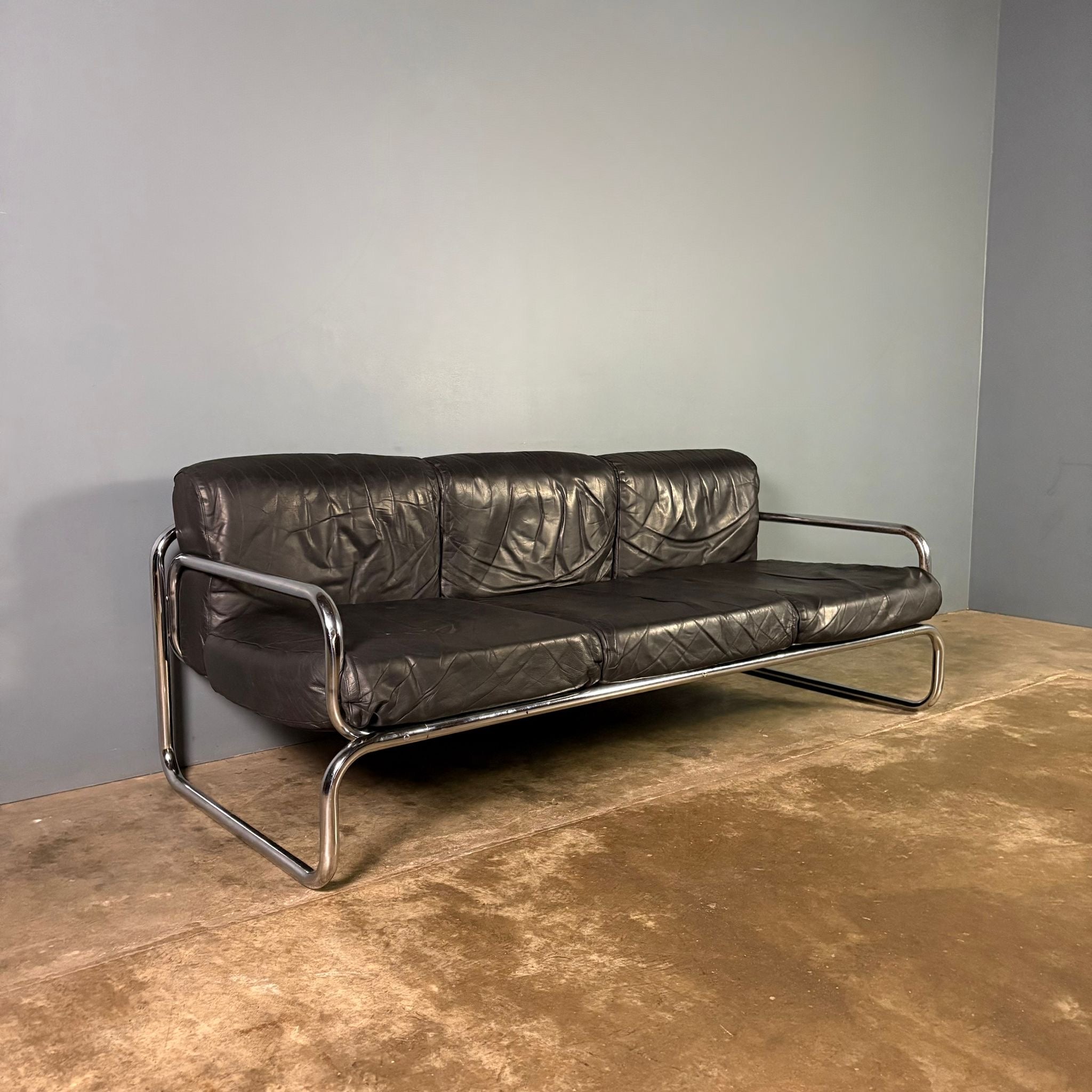 SOLD Mid Century Rodney Kinsman OMK Three Seater Sofa Black Leather Vintage Retro MCM