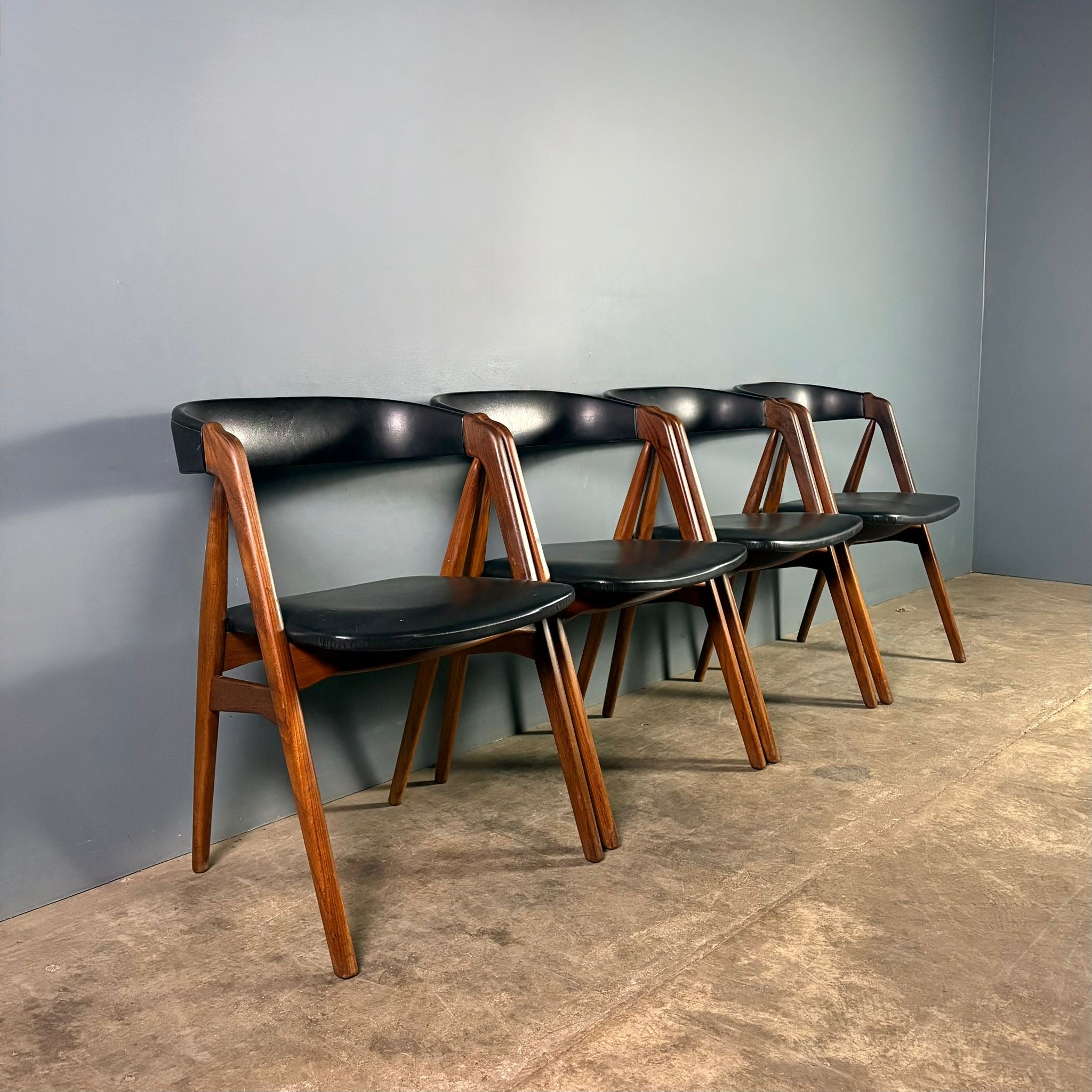 SOLD Four Teak Dining Chairs Kai Kristiansen Model 31 & Thomas Harlev For Farstrup Model 205 Mid Century Vintage Retro MCM