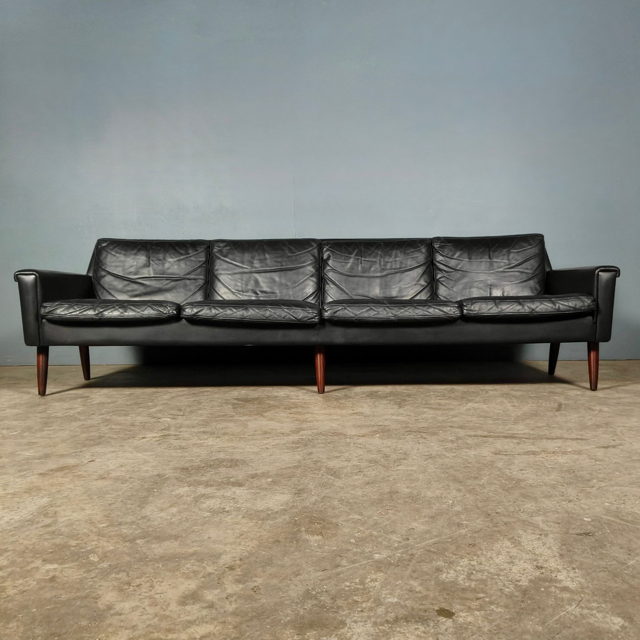 Black Leather Four Seater Sofa Danish 1960s Mid Century Vintage Retro MCM