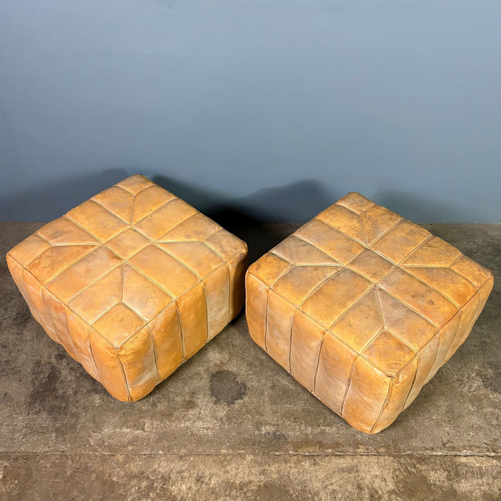 Pair Of Matching De Sede Style Distressed Patchwork Leather Footstools/Ottomans/Pouffes Mid Century Vintage Retro MCM