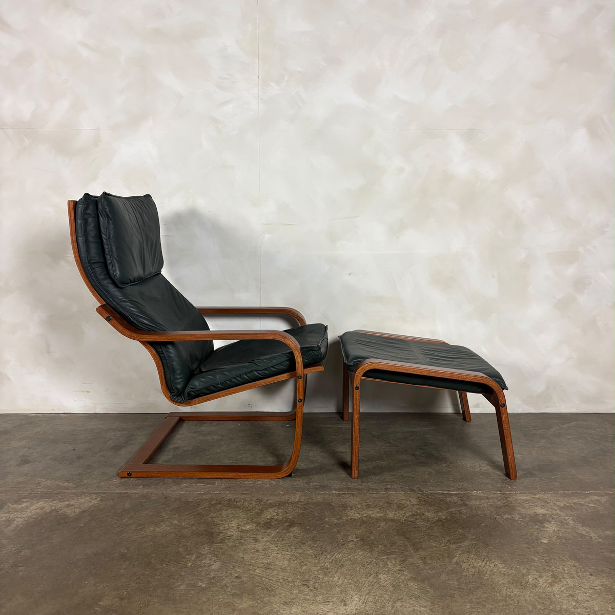 Pair Of Vintage Ikea Poäng Poem Armchairs & Matching Footstools Green Leather Mid Century Retro MCM