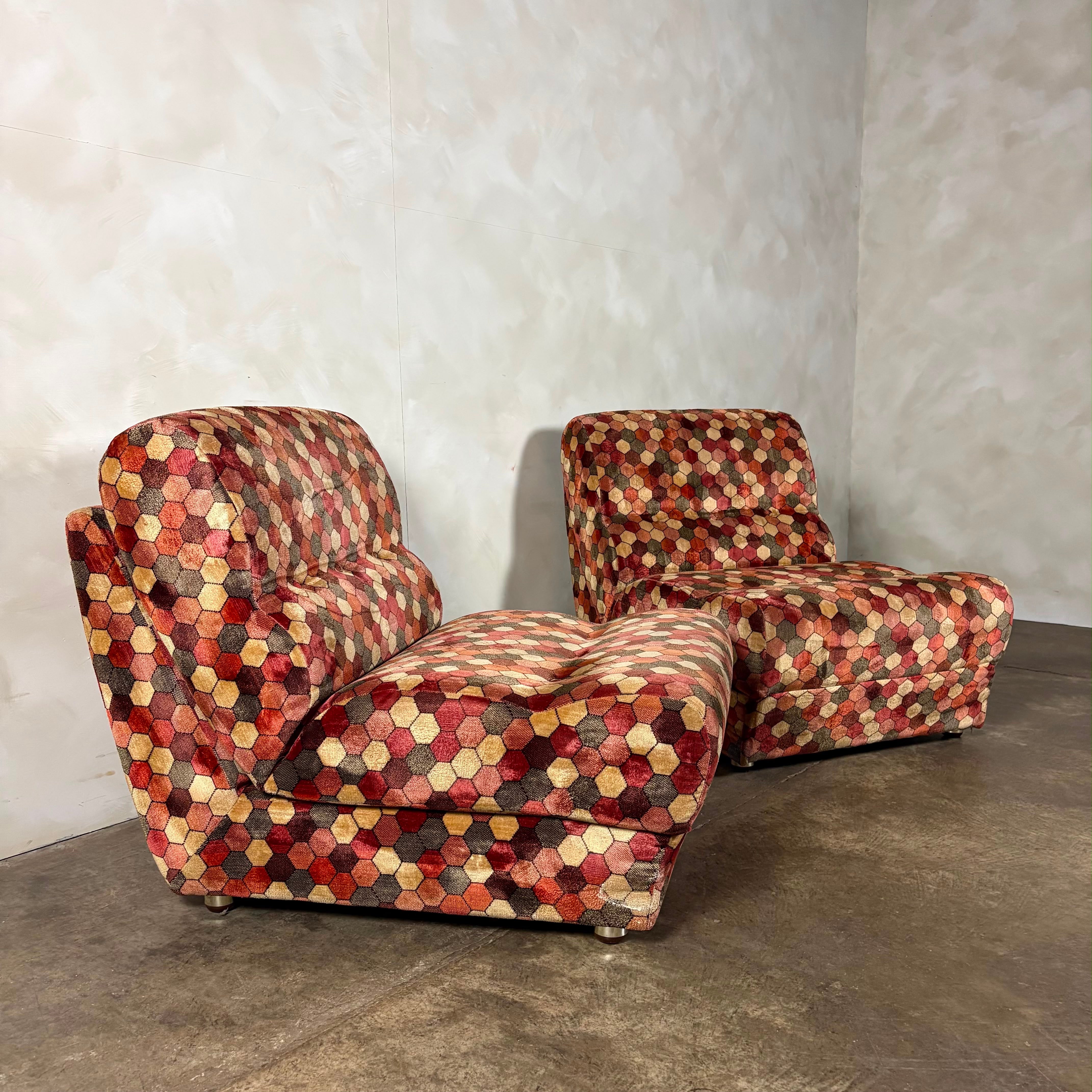 Pair Of Geometric Patterned Fold Out Lounge Chairs/Sofa Beds Rest Assured Mid Century Vintage Retro MCM