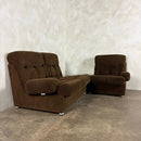 Mid Century Modular Brown Two Seater Sofa & Armchair With Coffee Table Vintage Retro MCM