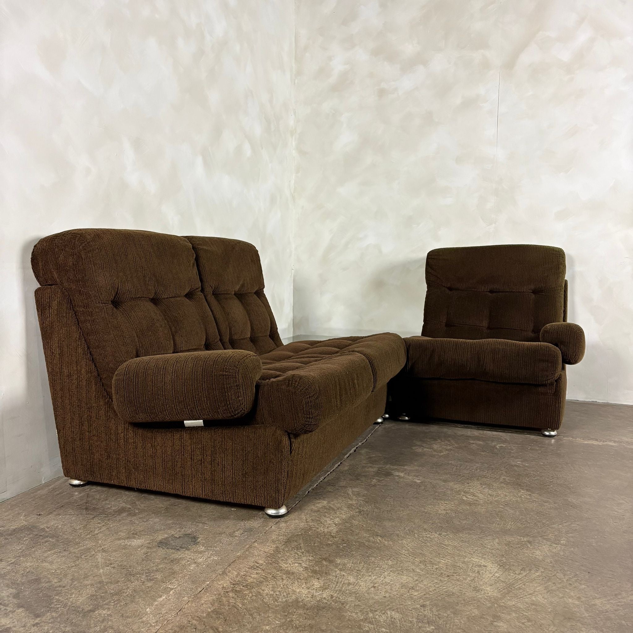 Mid Century Modular Brown Two Seater Sofa & Armchair With Coffee Table Vintage Retro MCM