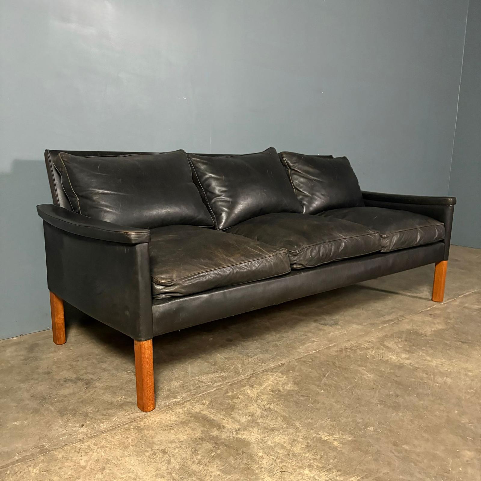 AB Larsson & Nilsson Malmo Lani Black Leather Three Seater Sofa Mid Century Vintage Retro MCM