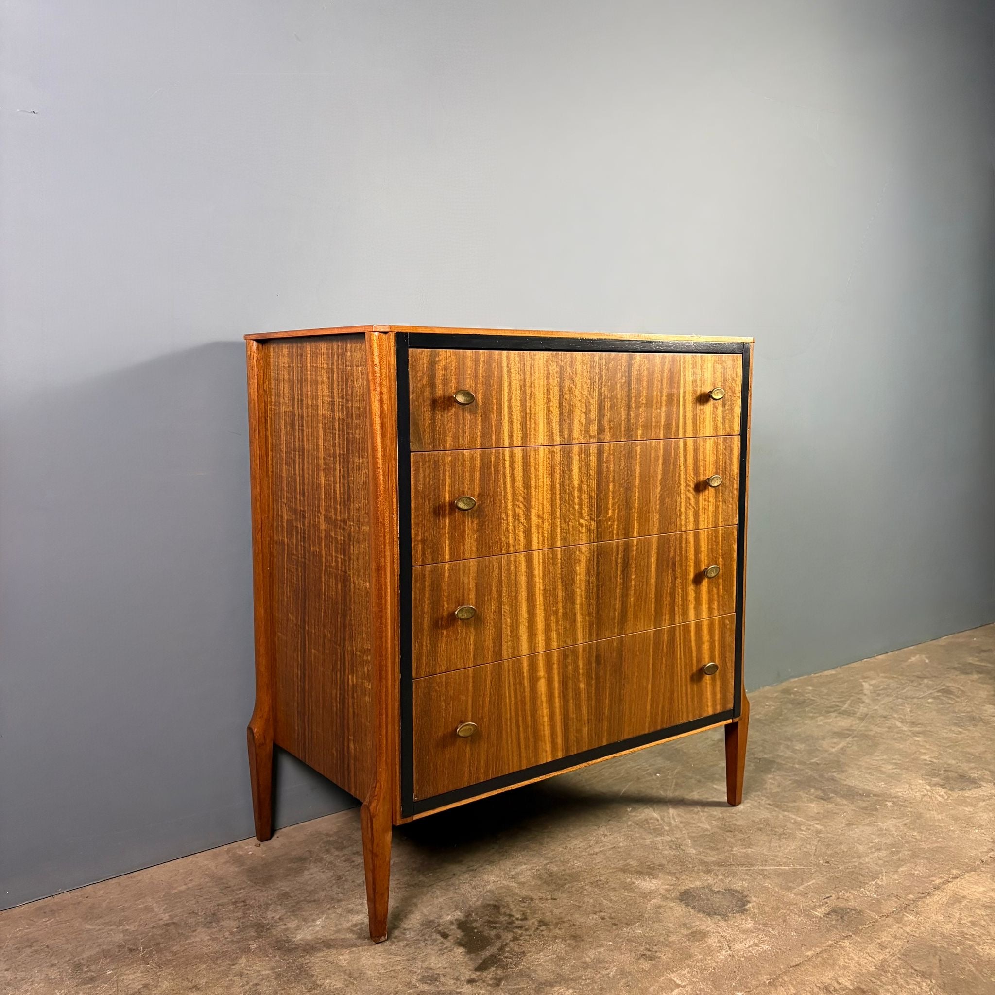 Mid Century Teak & Black Chest Of Drawers/Tall Boy Vintage Retro MCM