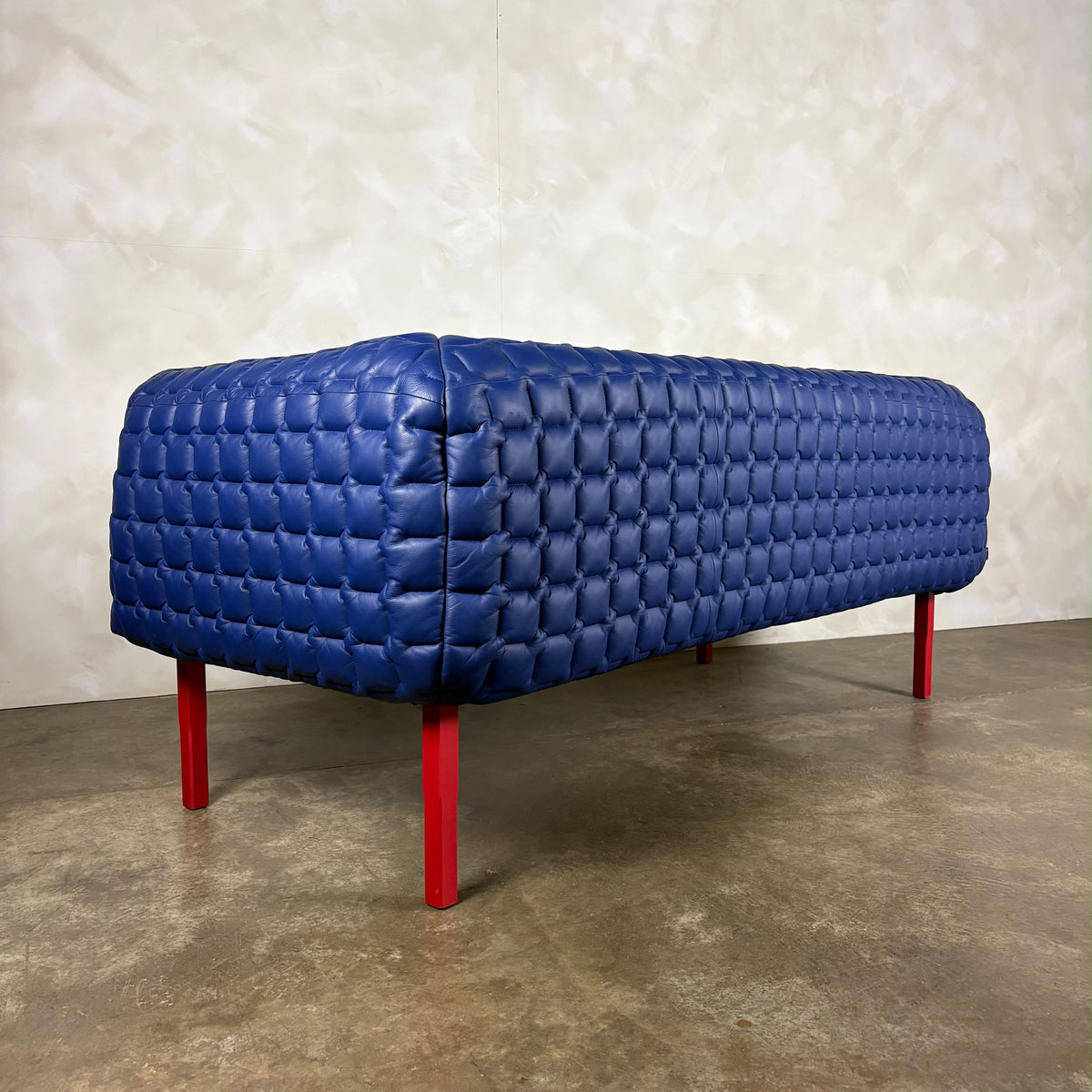Ligne Roset Ruché Three Seater Sofa & Armchair By Inga Sempé In Blue Leather & Red Frame Vintage Retro