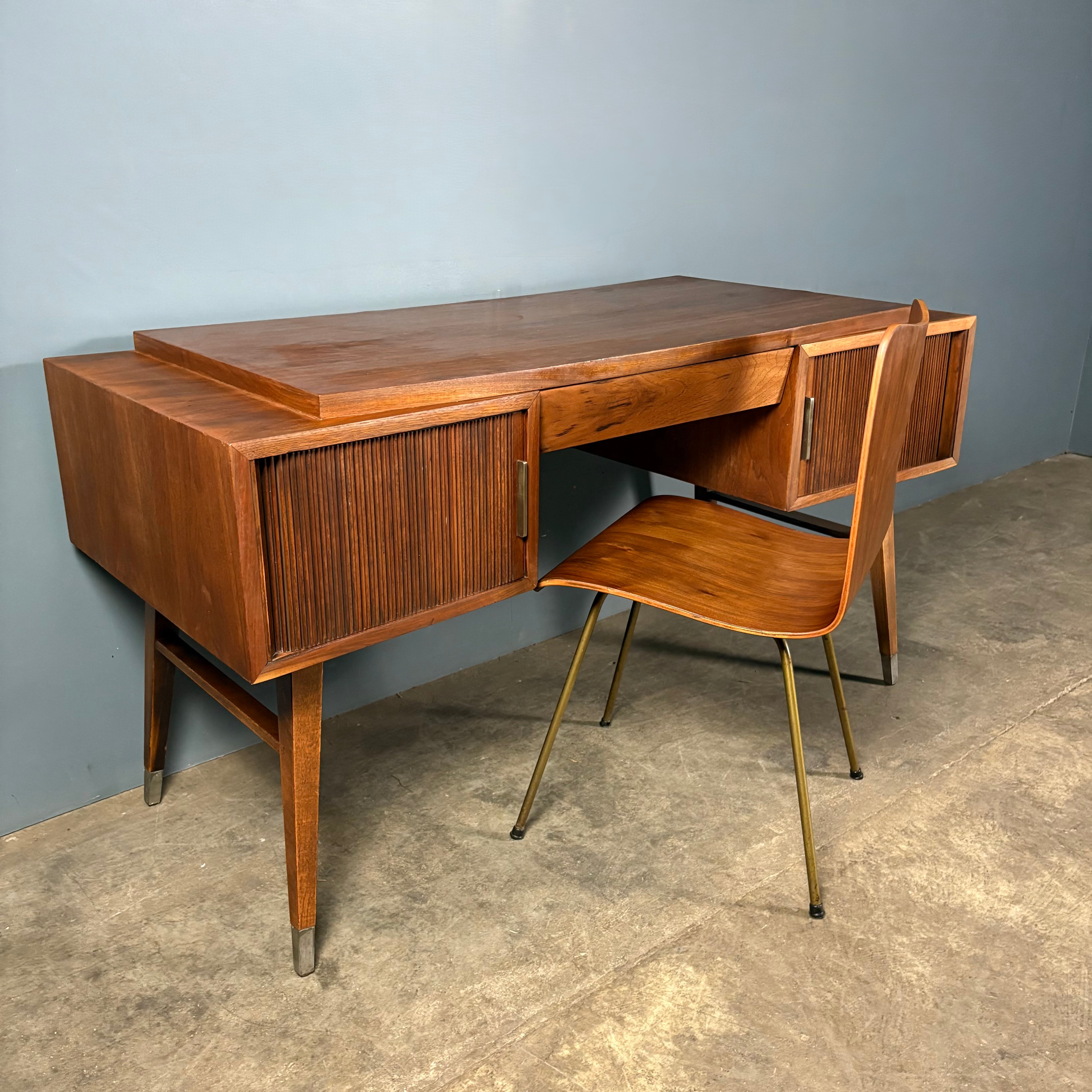 Sligh Lowry American Walnut Tambour Desk and Chair Mid Century Vintage MCM Retro
