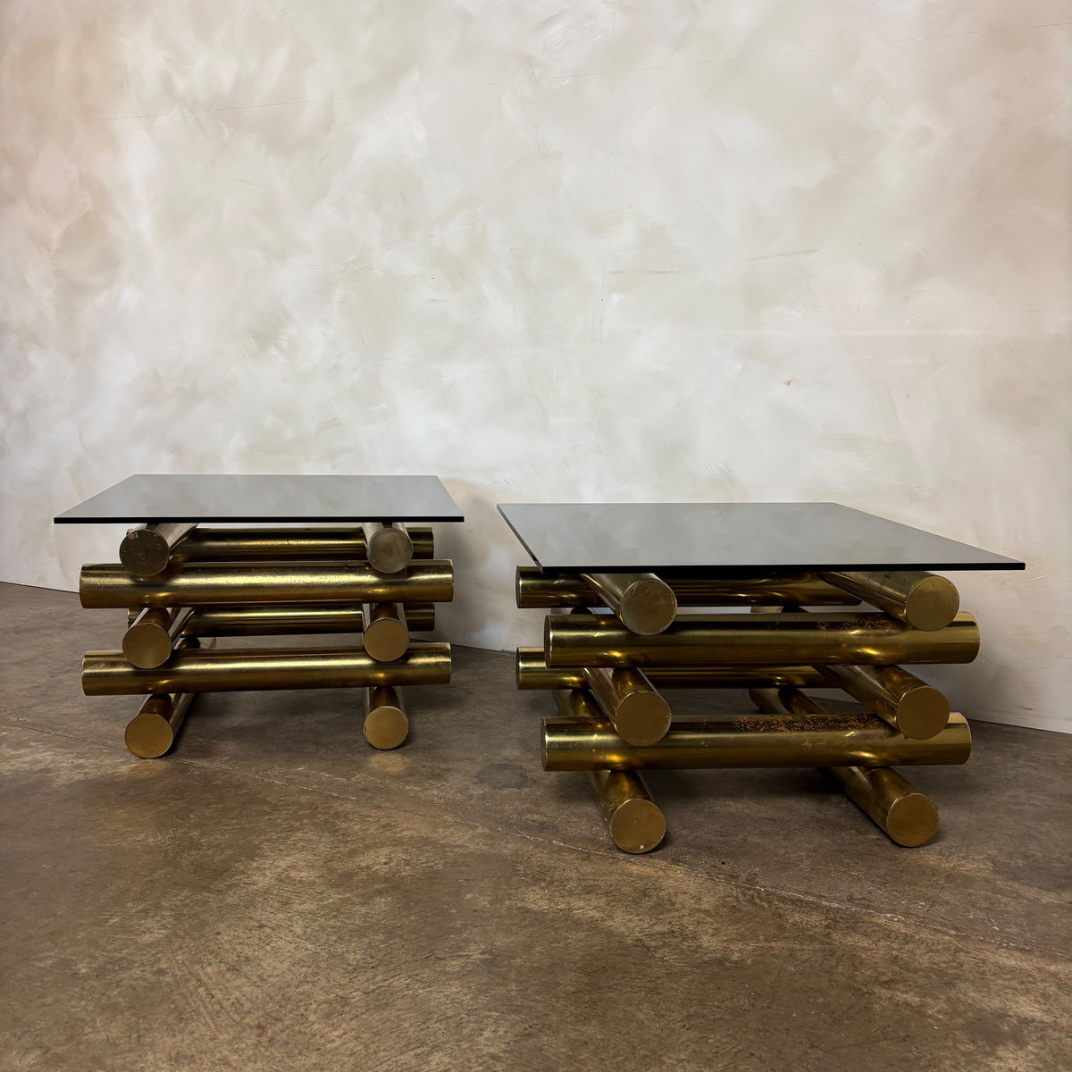 Pair Of Pieff Brass & Smoked Glass Side/Coffee Tables 1970s Mid Century Vintage Retro MCM