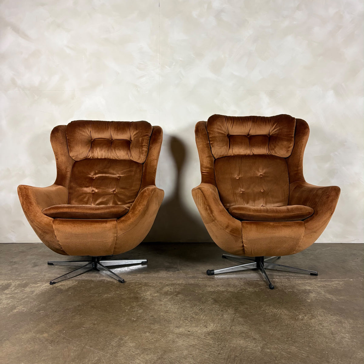 SOLD Pair Of 1970s Vono Swivel Egg Lounge Chairs In Caramel Tan Light Brown Velvet Mid Century Vintage Retro MCM