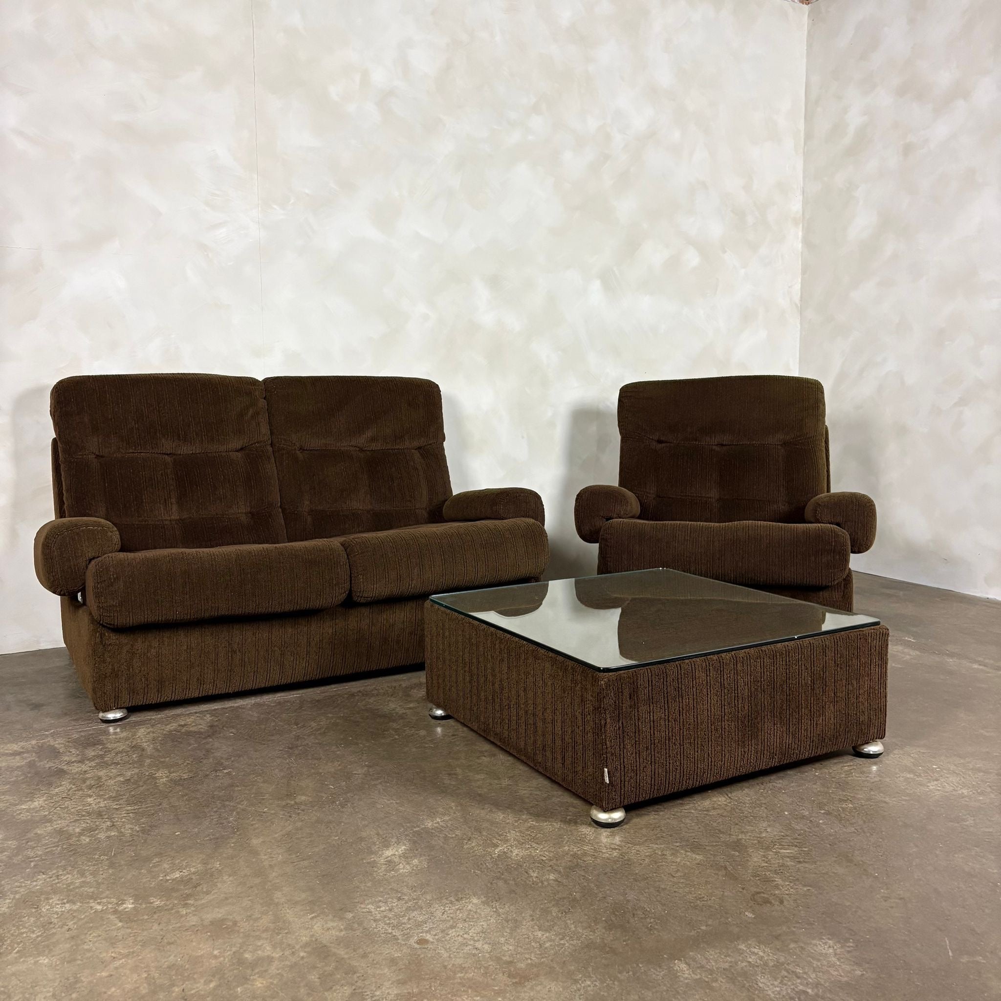 Mid Century Modular Brown Two Seater Sofa & Armchair With Coffee Table Vintage Retro MCM