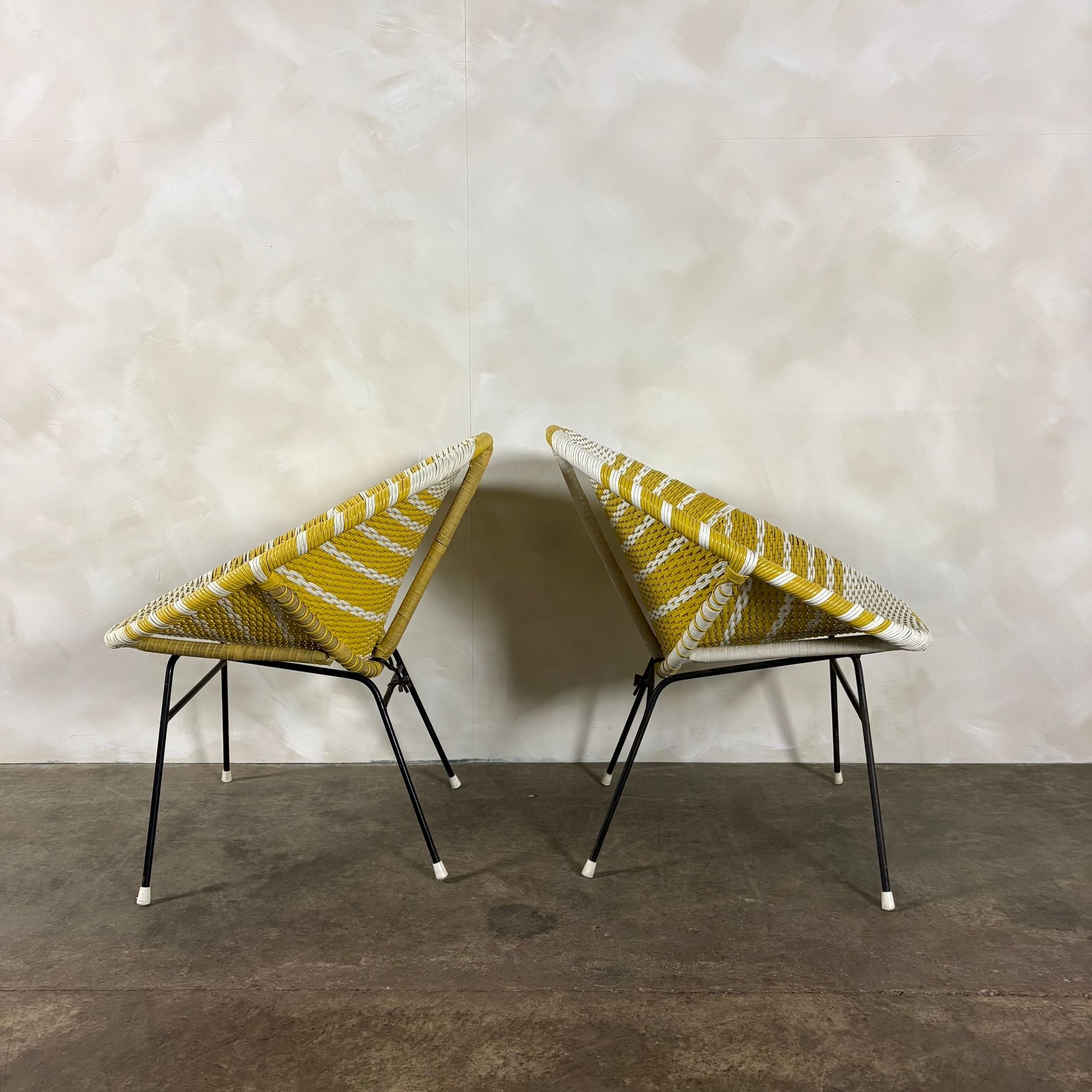 SOLD Pair Of Matching Mid Century Sputnik Yellow & White Lounge Chairs Vintage Retro MCM