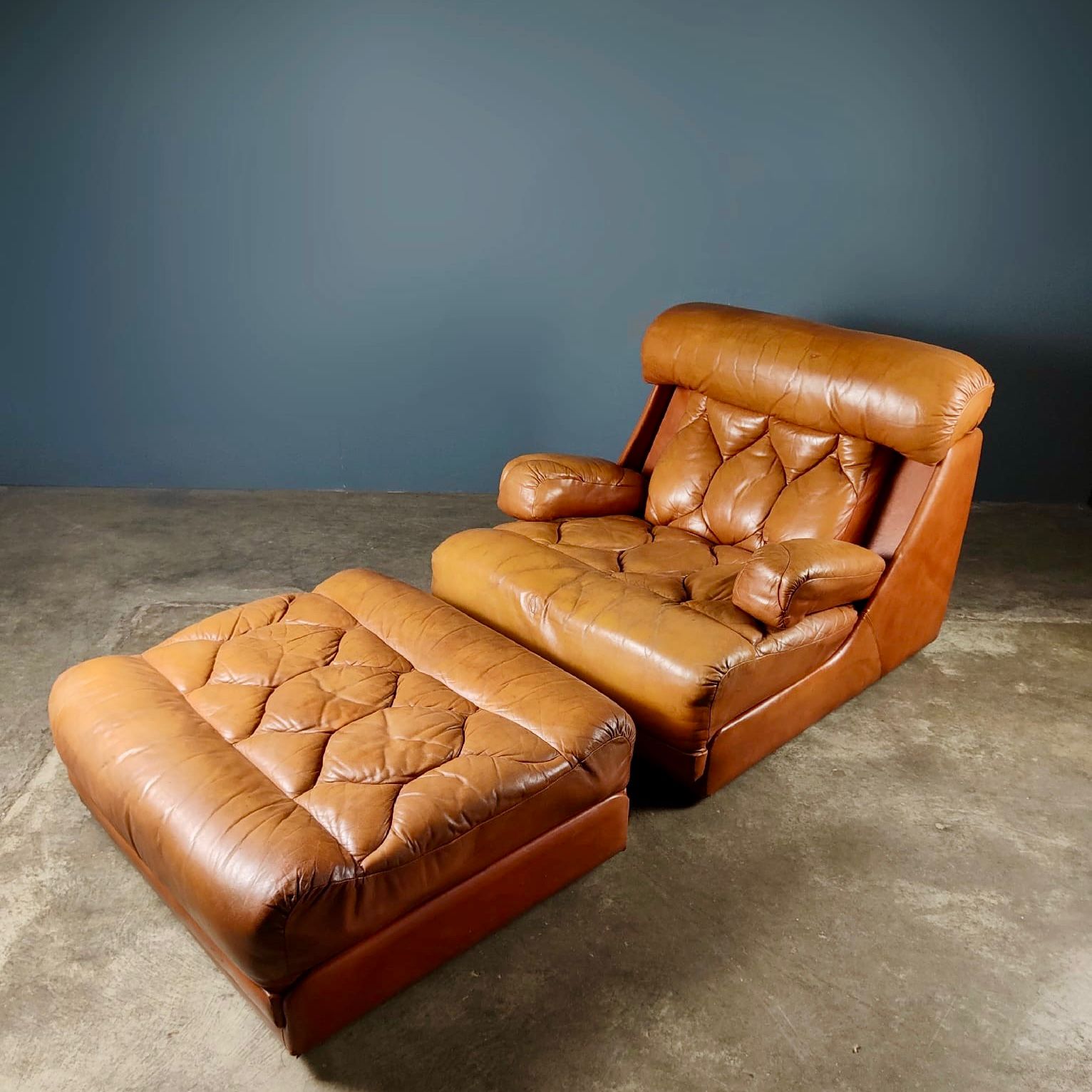 SOLD Tetrad Tan Brown Leather Sofa Chair & Footstool Mid Century Vintage Retro MCM