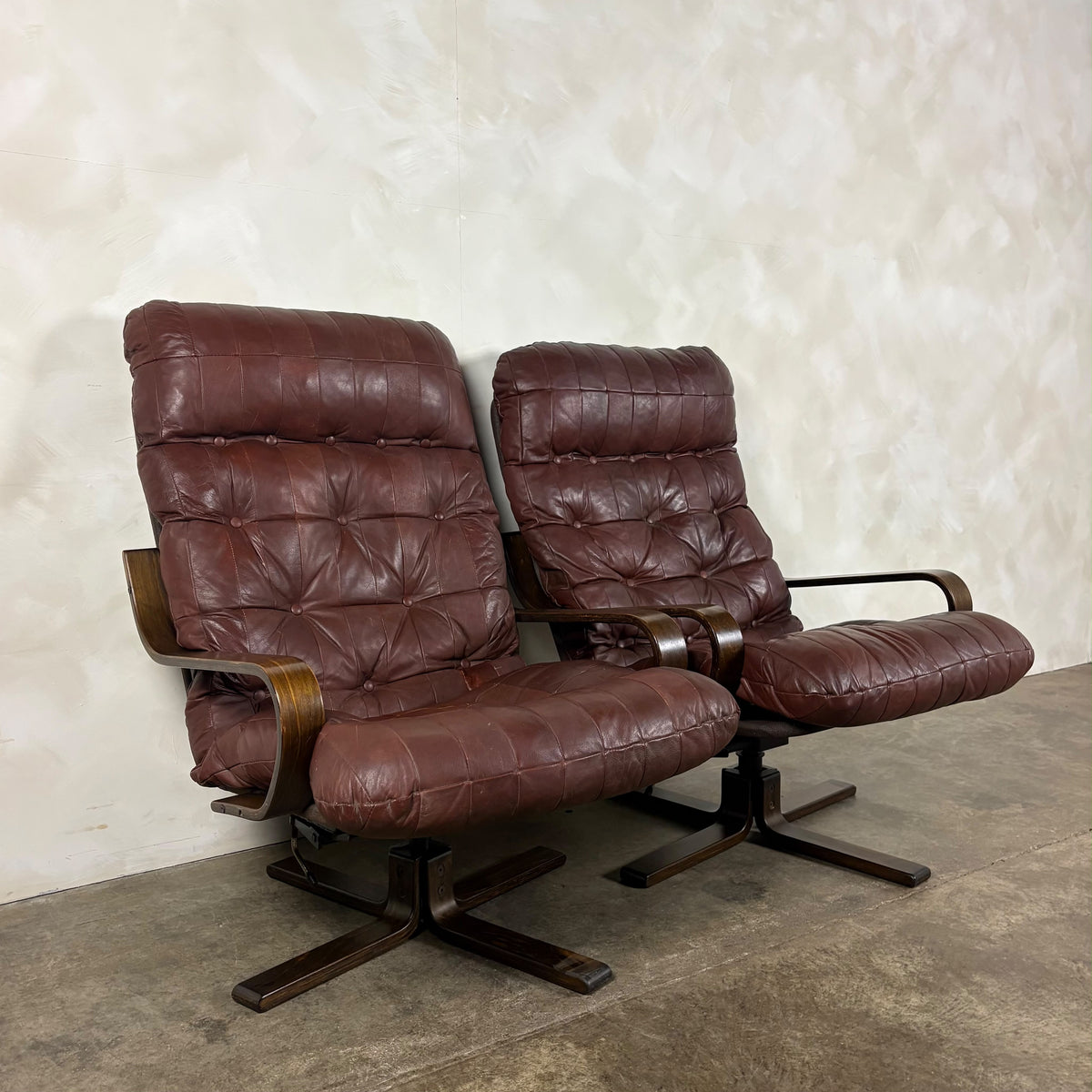 Pair Of Scandinavian Brown Leather Lounge Chairs Mid Century Vintage Retro MCM